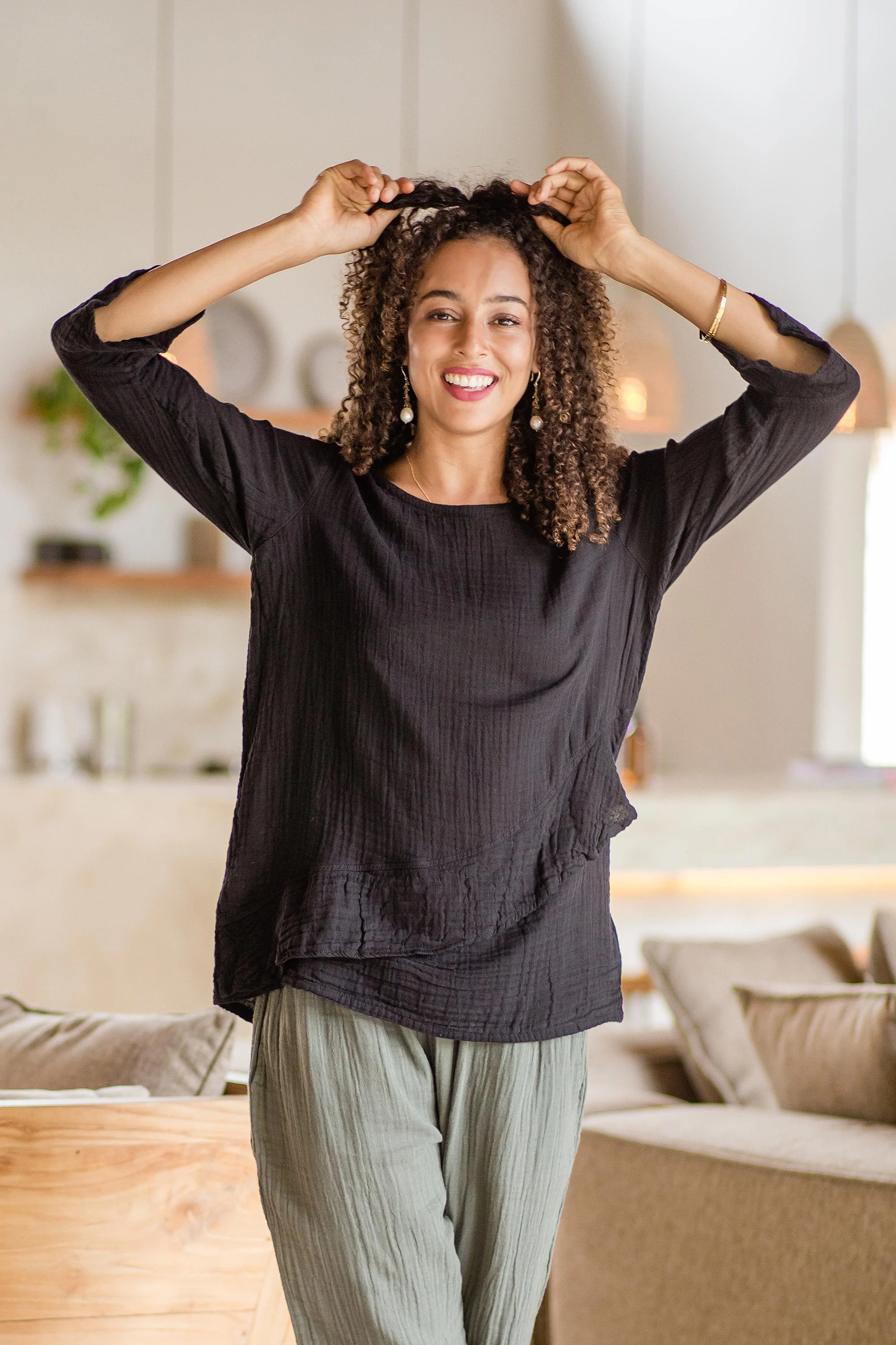 Black Ruffles Black Cotton Gauze Blouse from Thailand - Image 4