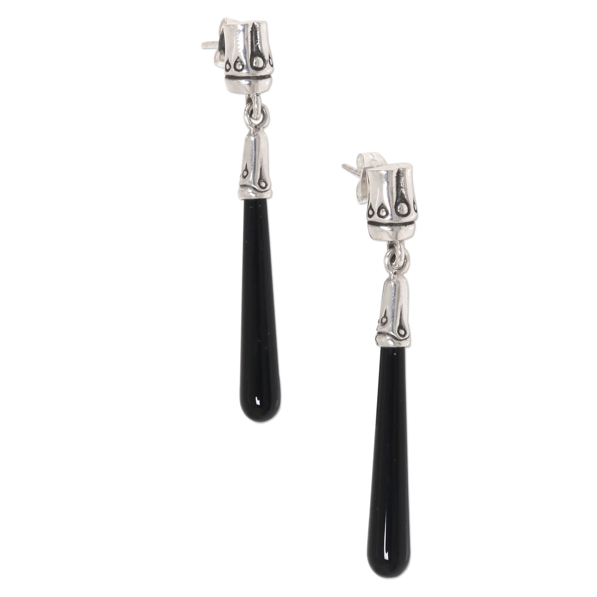 Black Wand Artisan Crafted Onyx and Sterling Silver Dangle Earrings - Image 2