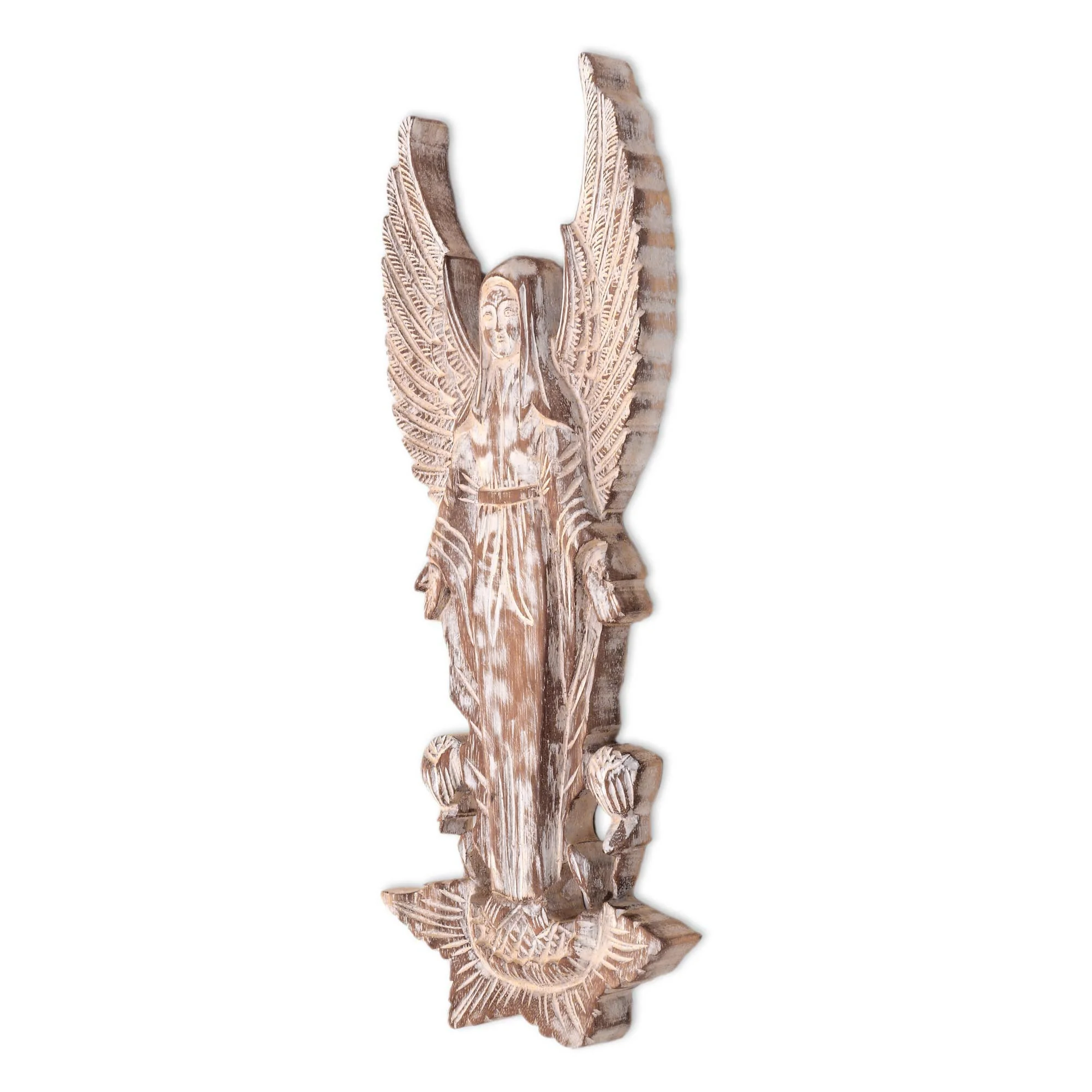 Blessed White Angel Balinese Whitewashed Angel and Lotus Blossom Relief Panel - Image 3