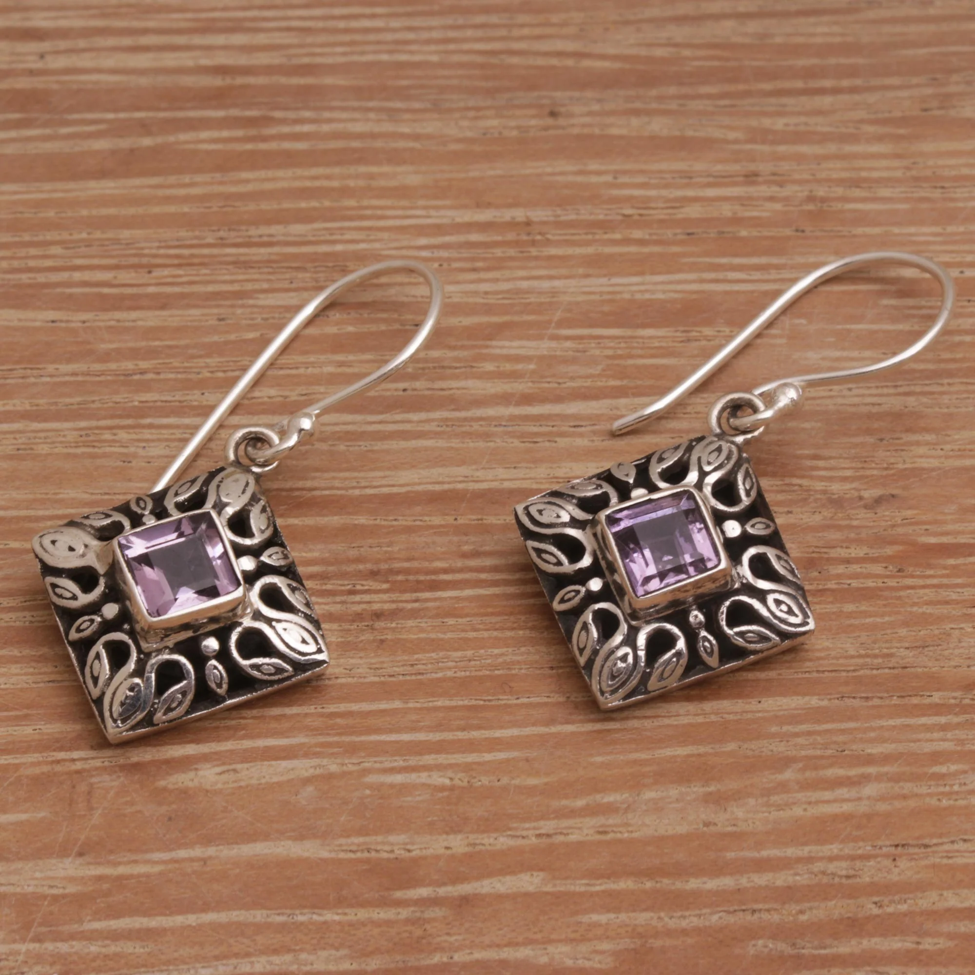 Blessed Window Sterling Silver and Amethyst Dangle Earrings from Bali - Image 3
