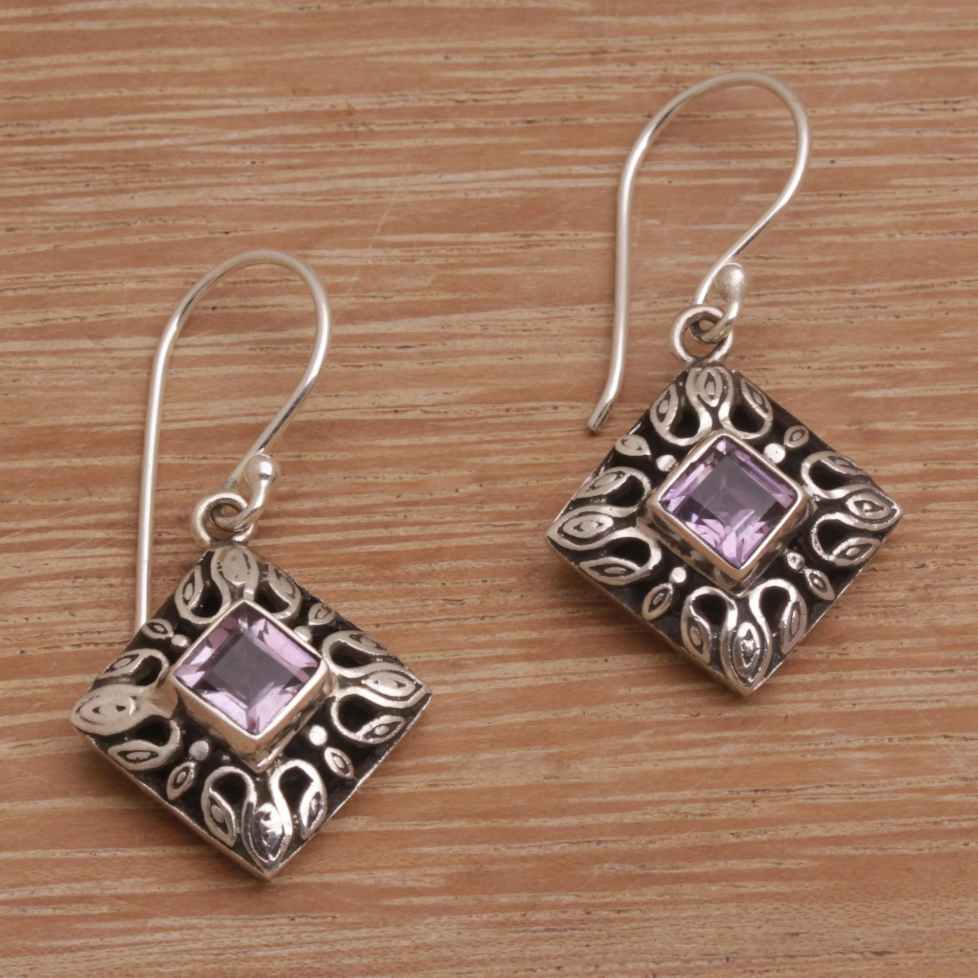 Blessed Window Sterling Silver and Amethyst Dangle Earrings from Bali - Image 4
