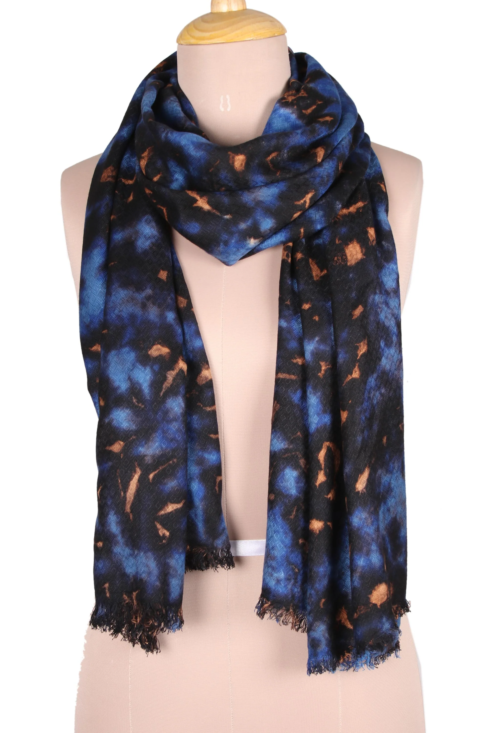 Blissful Fusion in Blue Blue and Caramel Viscose Shawl Crafted in India - Image 2