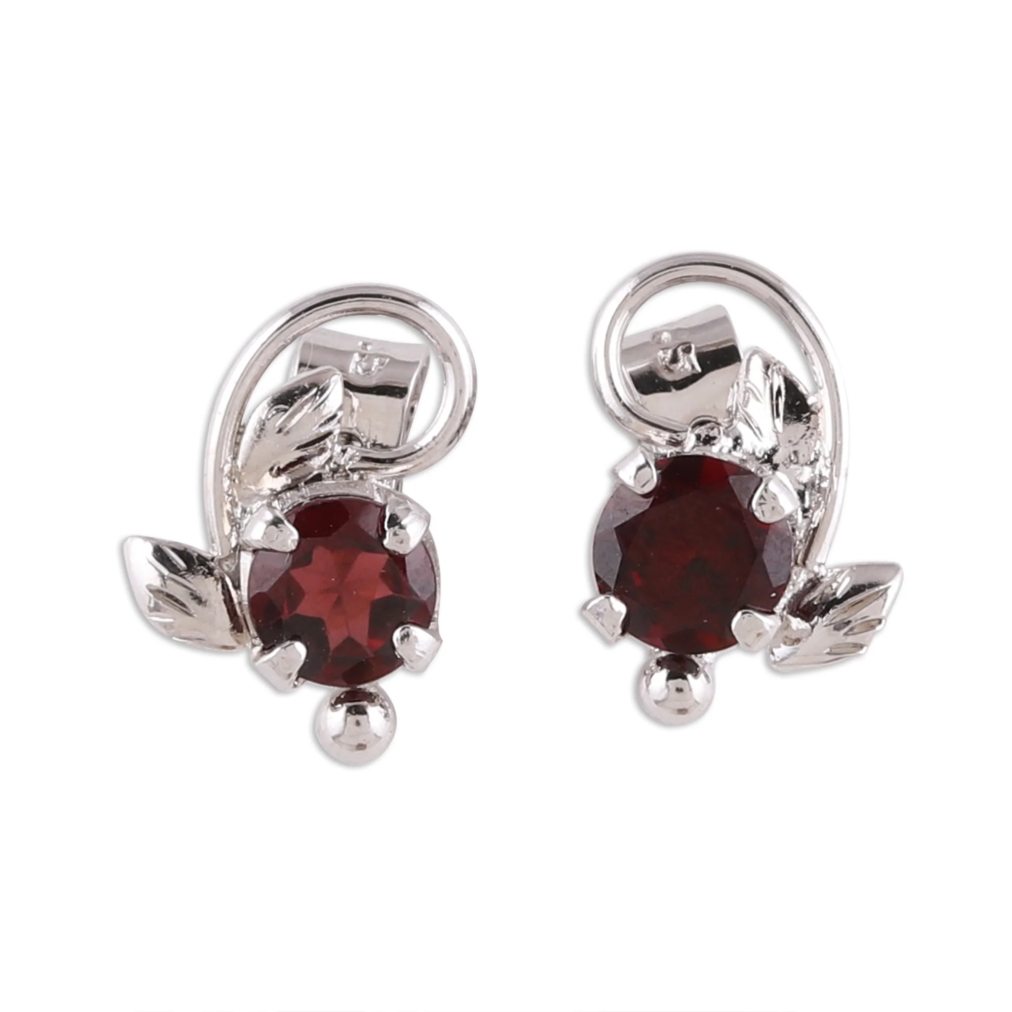 Blissful Radiance Leafy Rhodium Plated Garnet Stud Earrings from India - Image 2