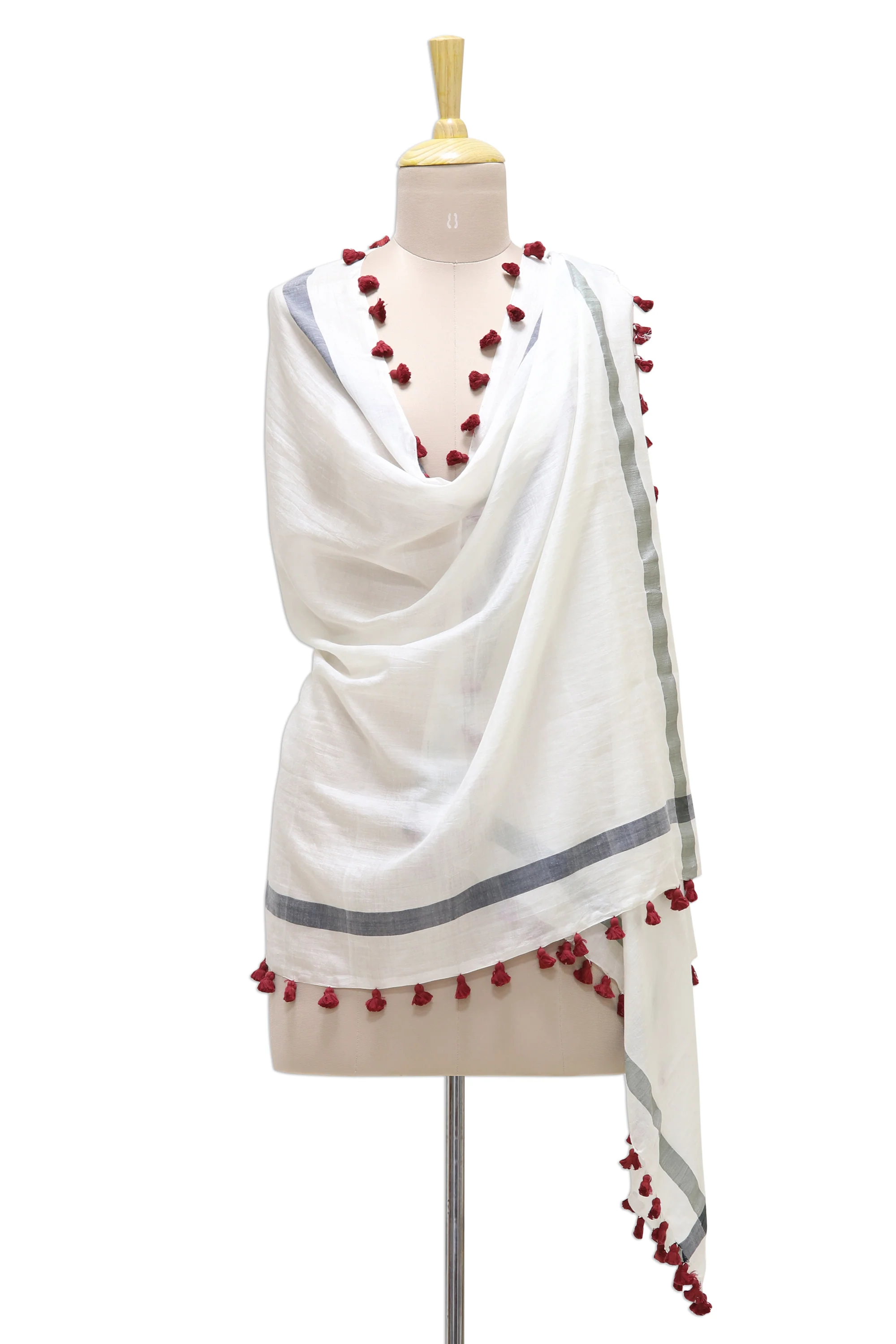 Blissful Simplicity Hand Woven Silk Cotton Blend White Shawl with Red Tassels - Image 2