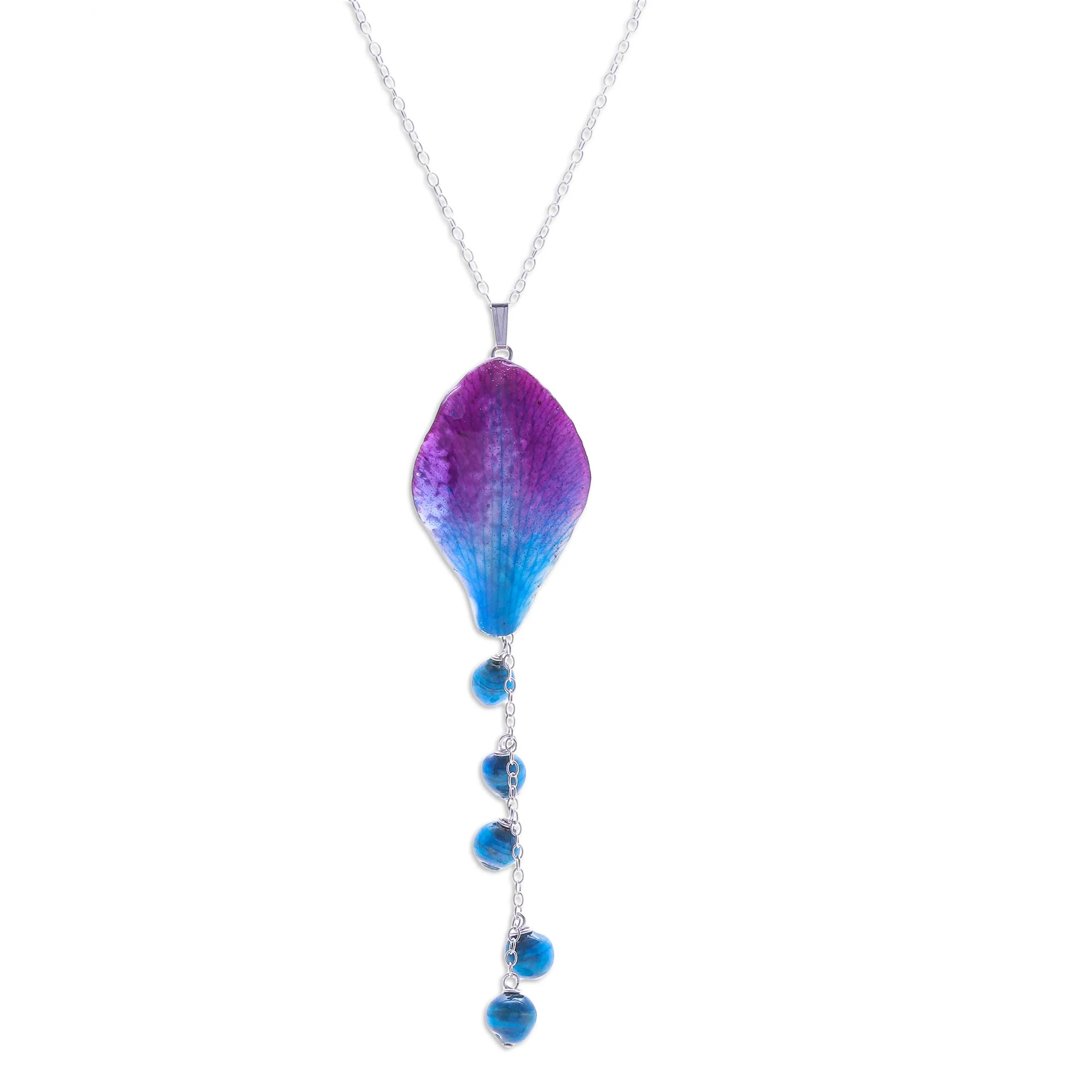 Bloom Balloon in Blue Artisan Crafted Orchid Petal Pendant Necklace - Image 2