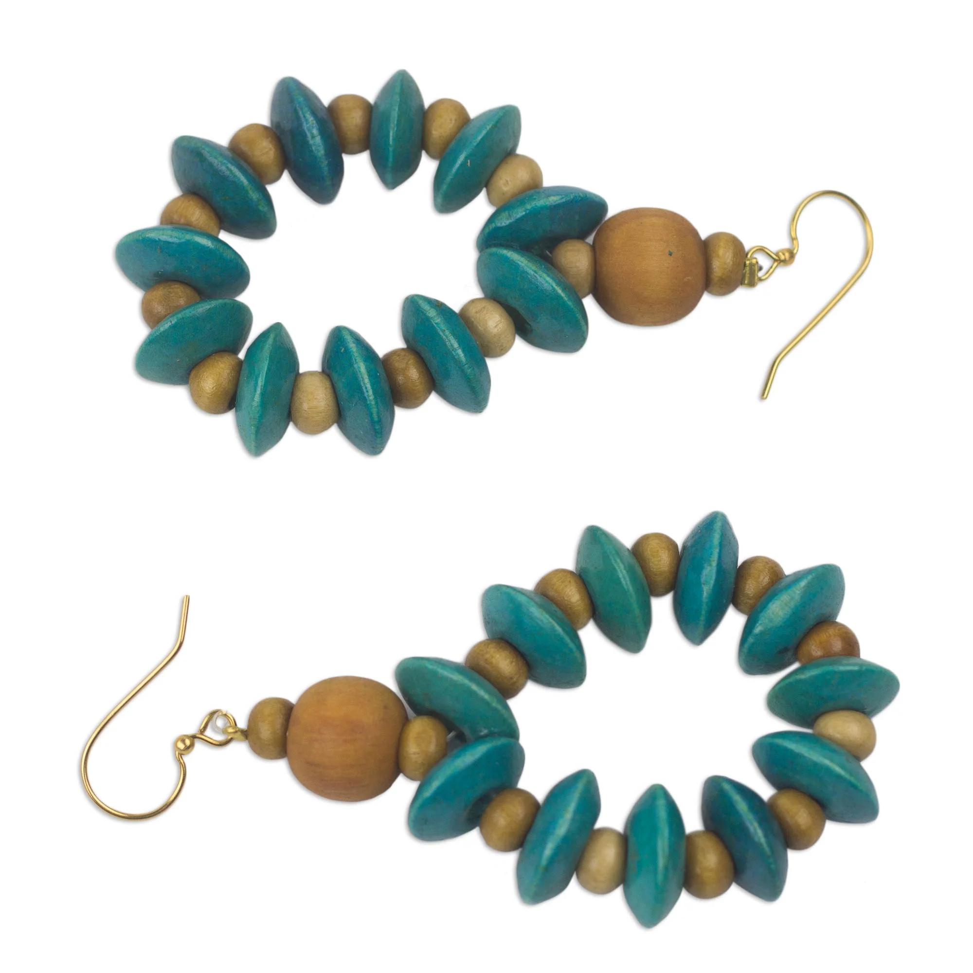 Bloom in Turquoise Artisan Crafted Beaded Wood Dangle Earrings from Ghana - Image 3