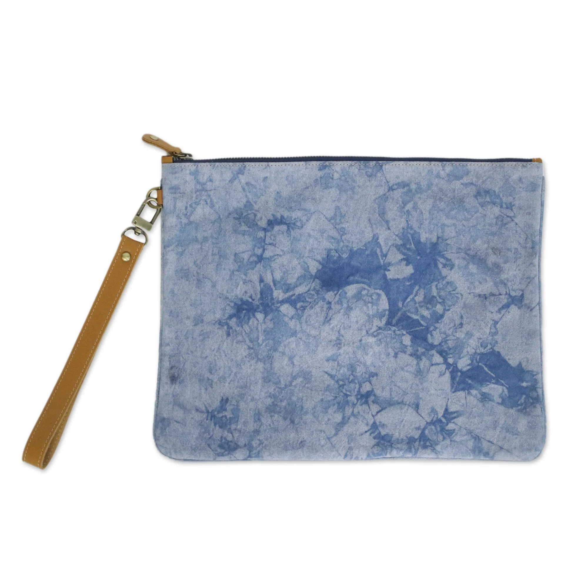 Blooming Blue Blue Tie-Dyed Leather Accent Cotton Clutch from Thailand - Image 2