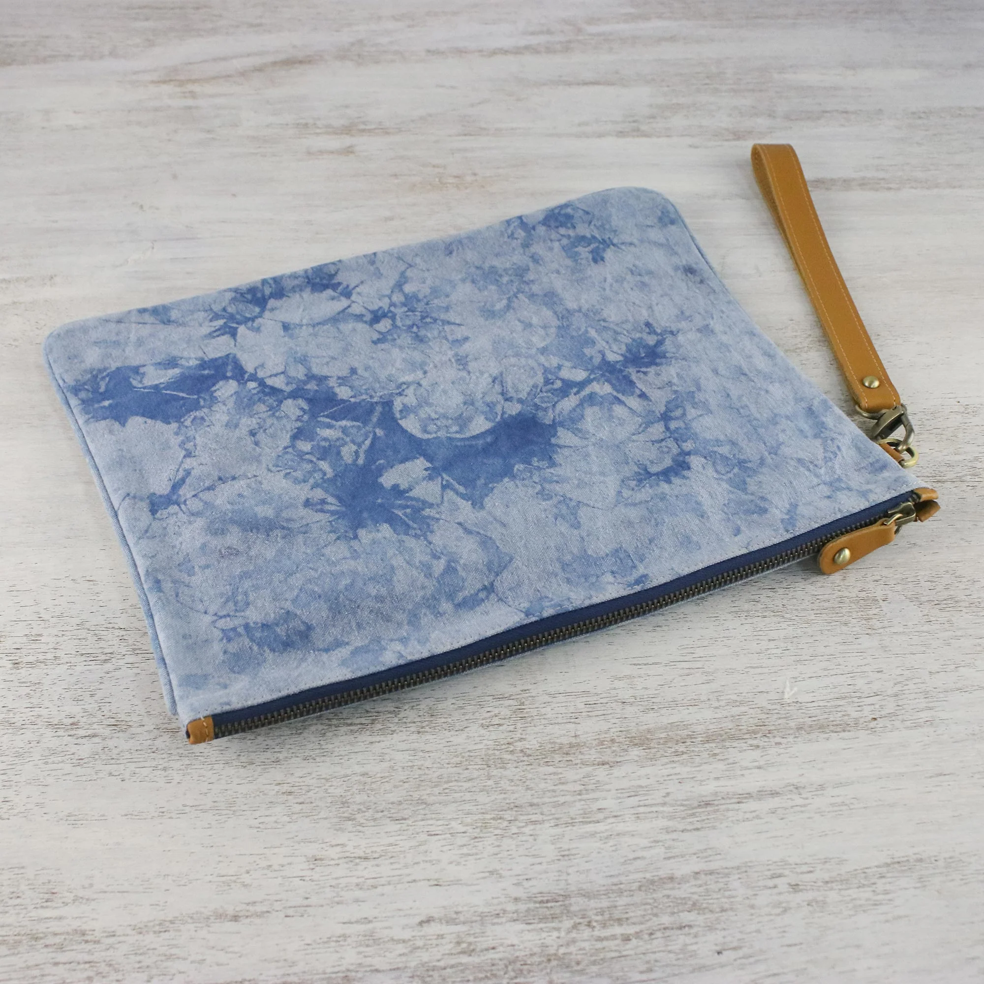 Blooming Blue Blue Tie-Dyed Leather Accent Cotton Clutch from Thailand - Image 3
