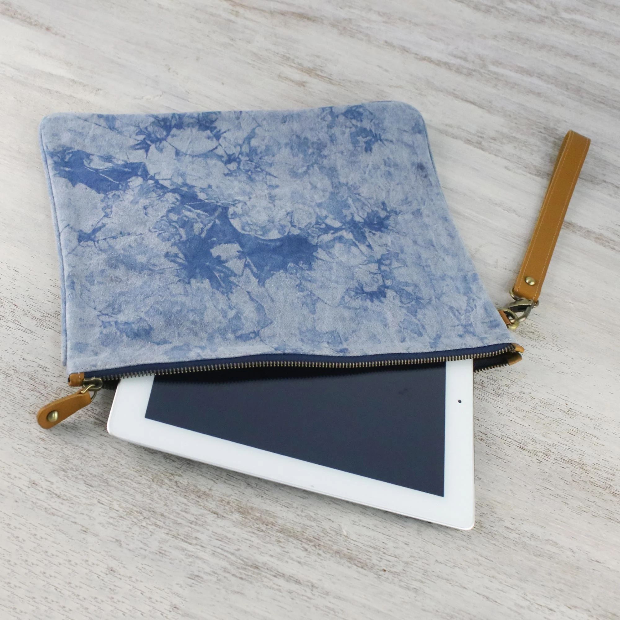 Blooming Blue Blue Tie-Dyed Leather Accent Cotton Clutch from Thailand - Image 4
