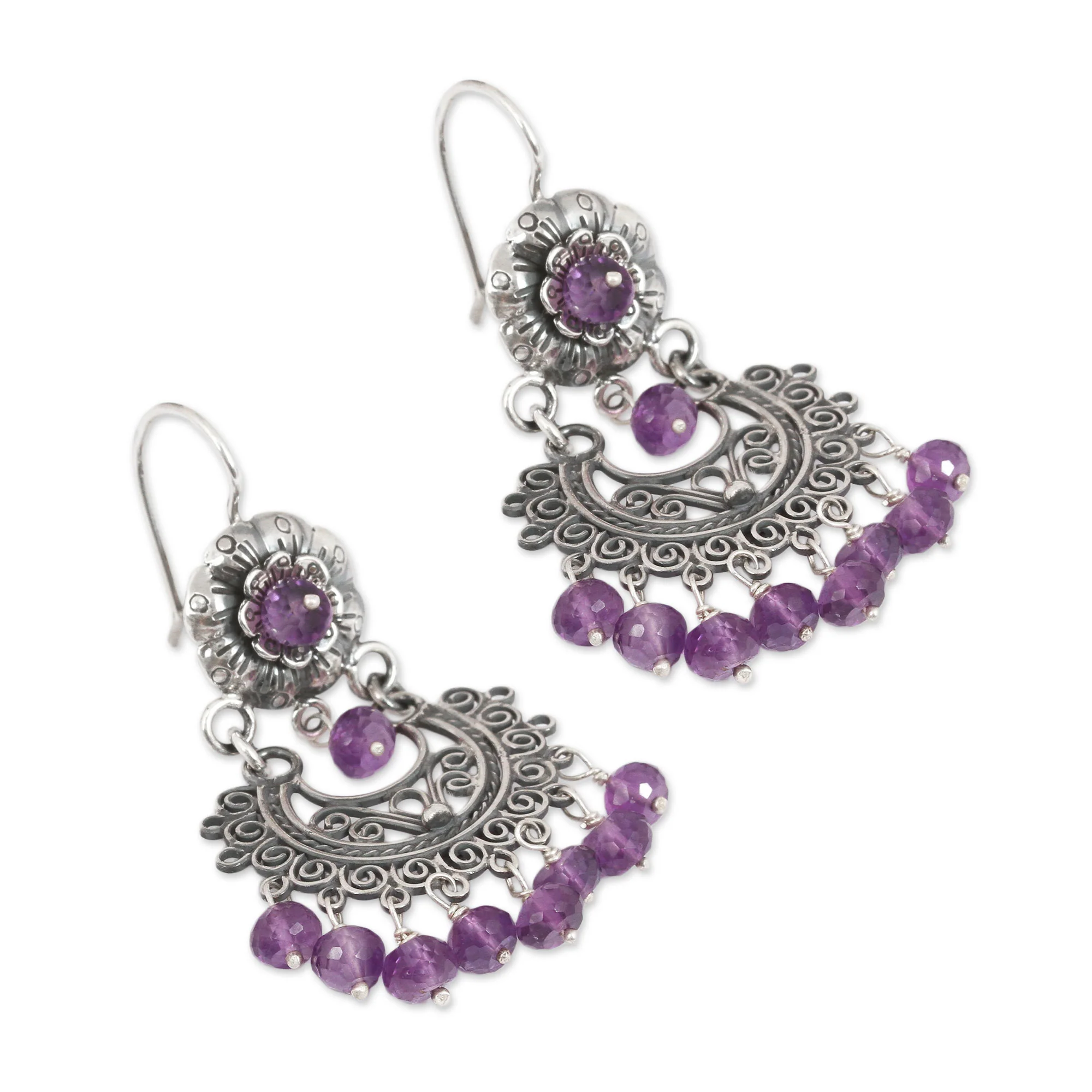 Blooming Elegance Amethyst Silver Chandelier Earrings - Image 4