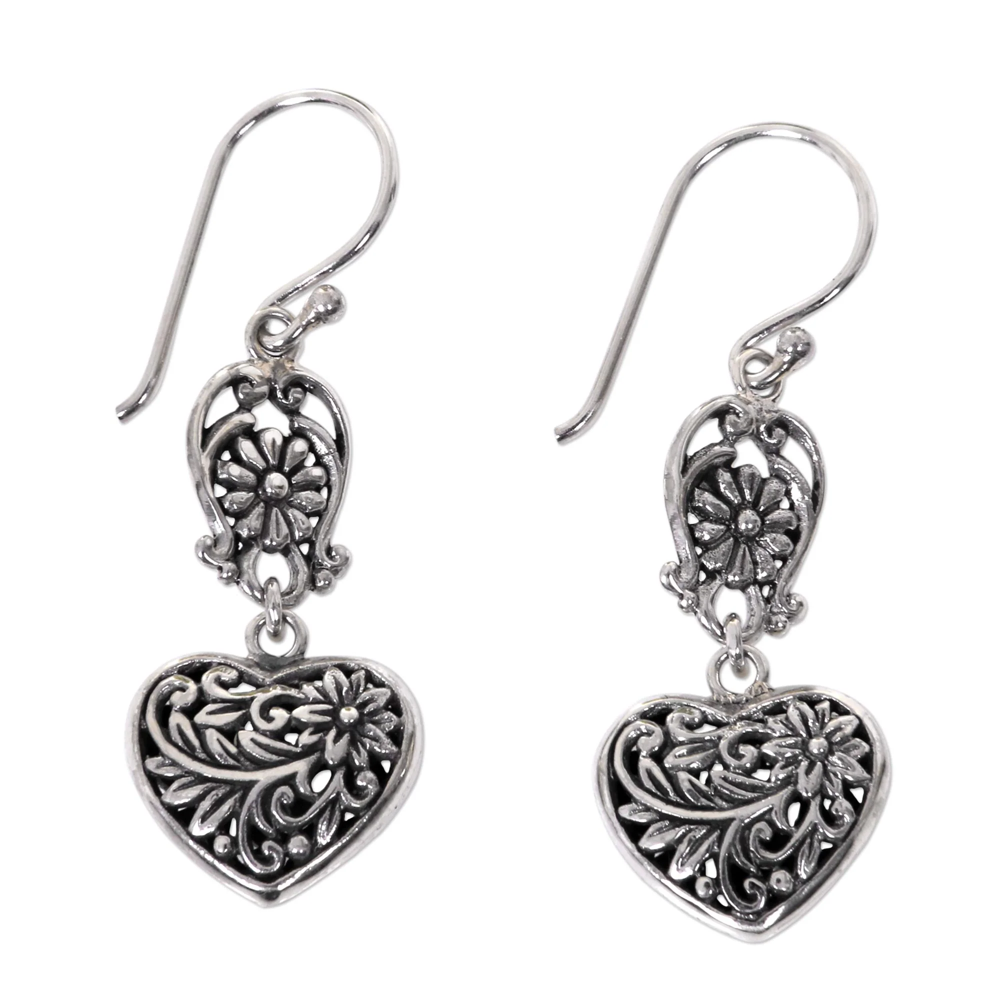Blooming Hearts Heart-Shaped Sterling Silver Dangle Earrings from Bali - Image 2