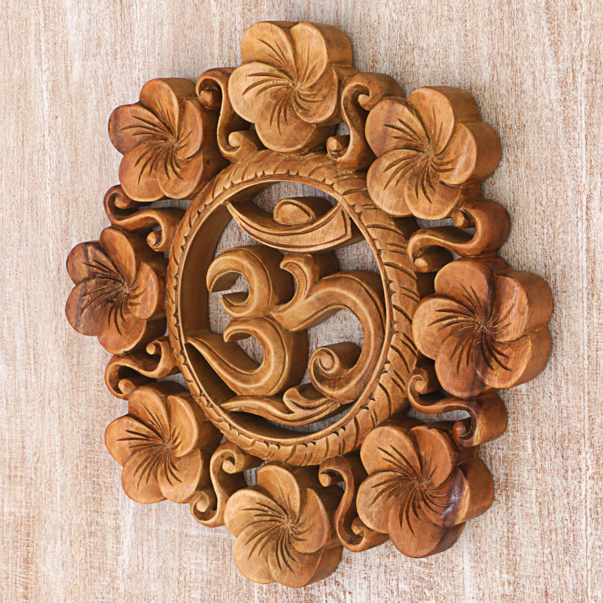 Blooming Om Suar Wood Wall Relief Panel Floral Om from Indonesia - Image 4