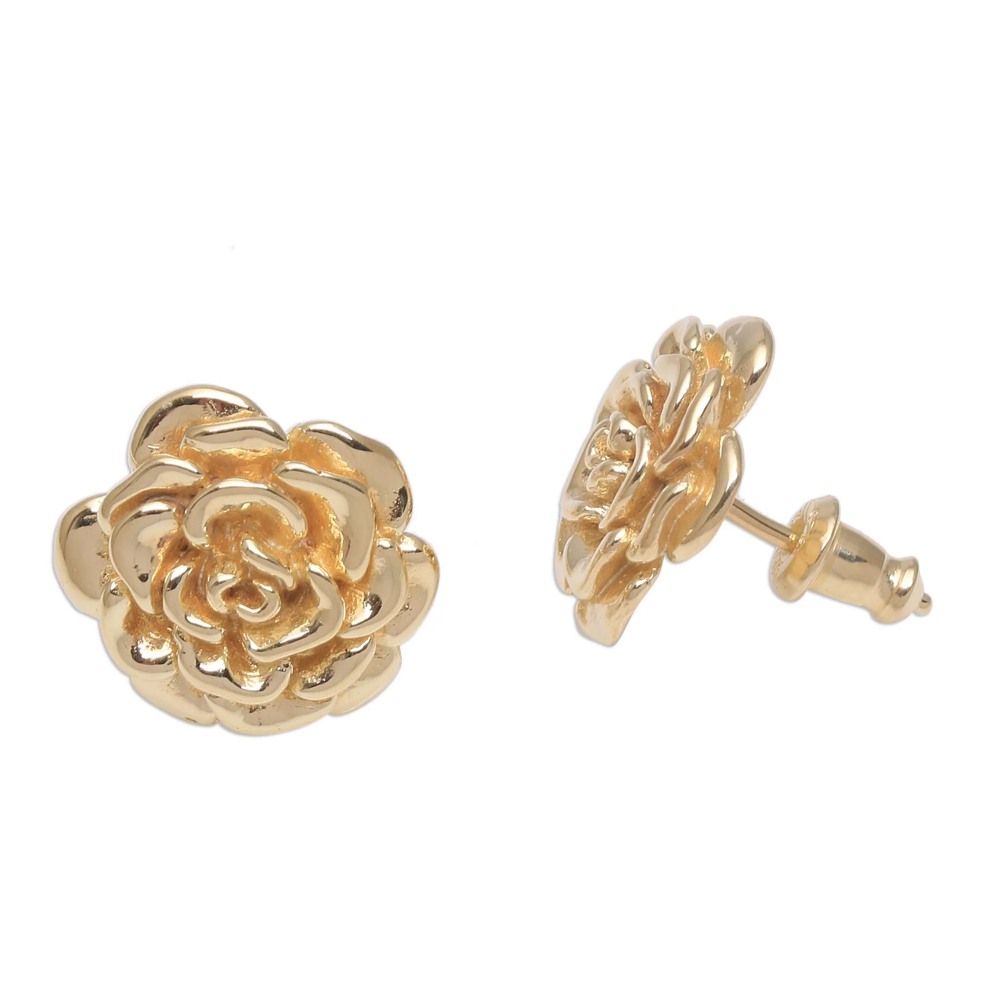 Blooming Rose 18k Gold Plated Sterling Silver Rose Stud Earrings (.5 inch) - Image 4