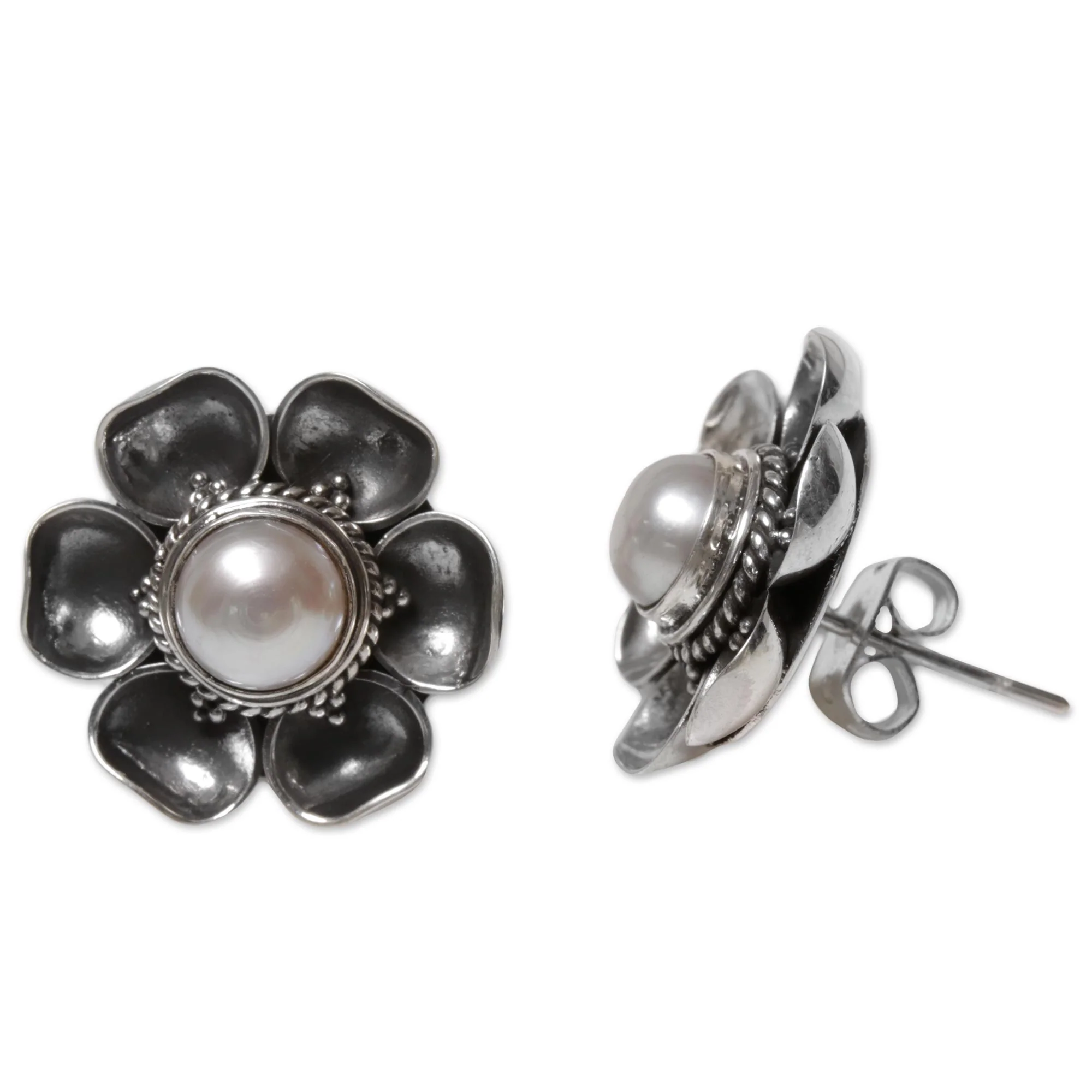 Blooming White Roses Mabe Silver Earrings - Image 3