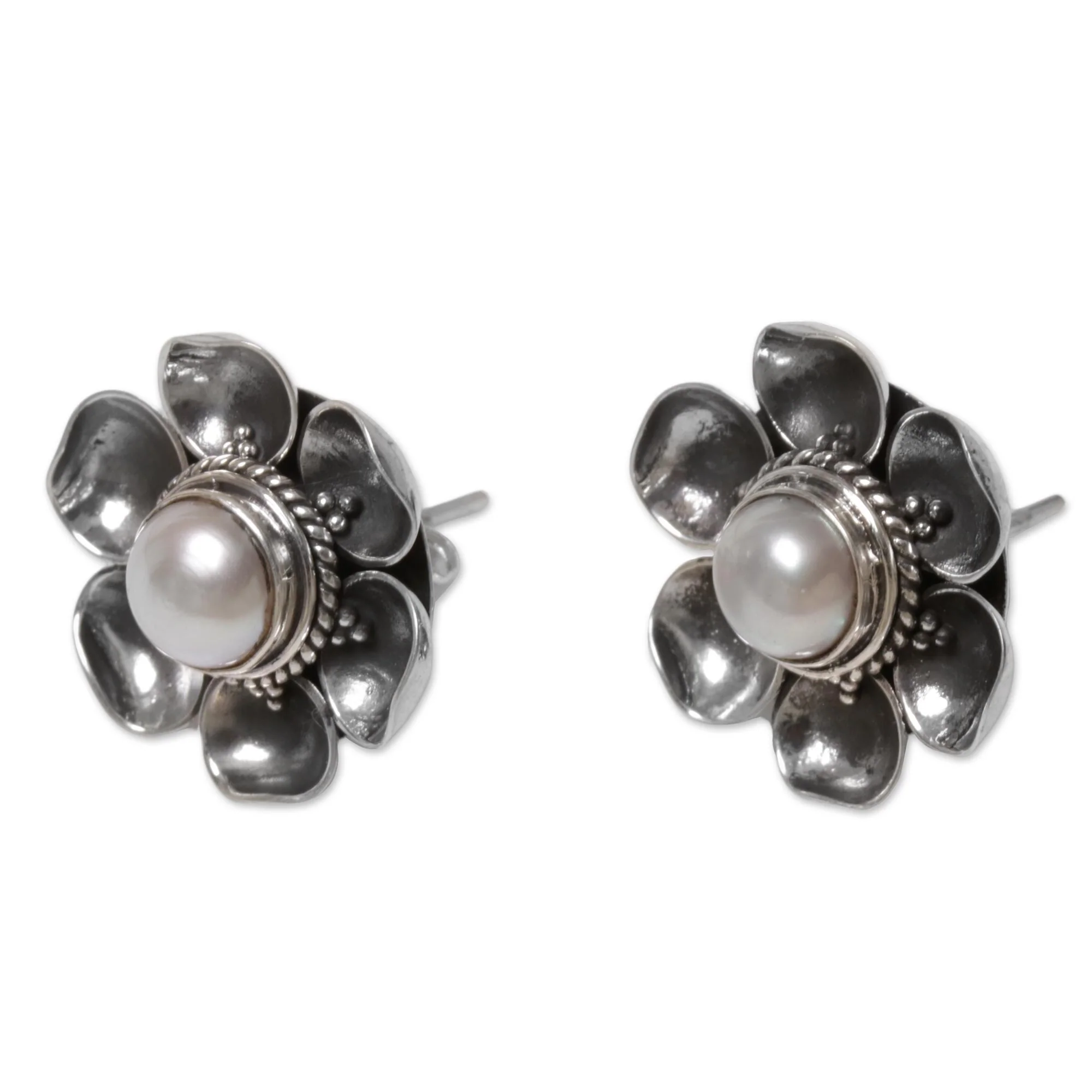 Blooming White Roses Mabe Silver Earrings - Image 4