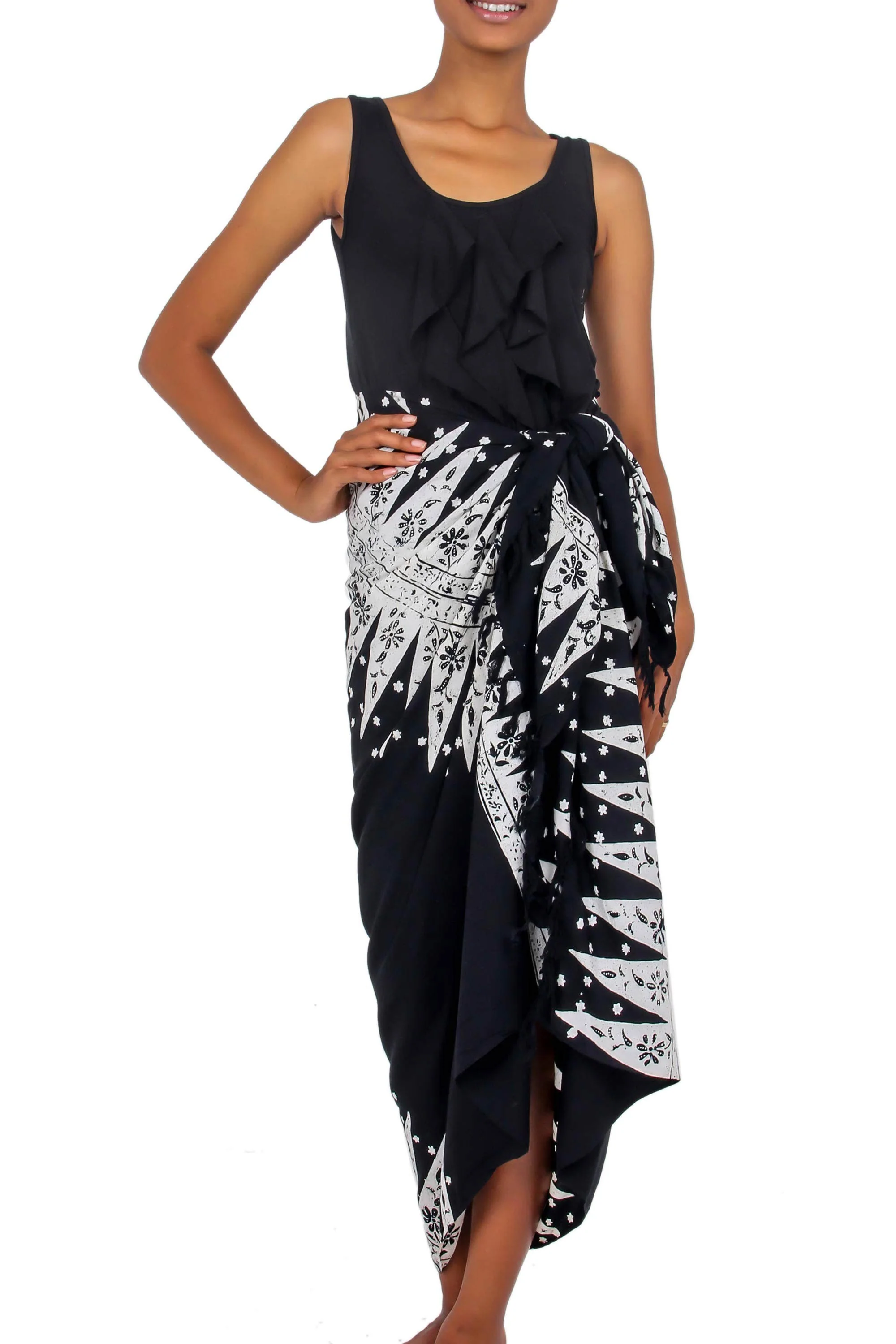 Blossoming Milkyway Black and White Hand Stamped Batik Rayon Sarong - Image 2