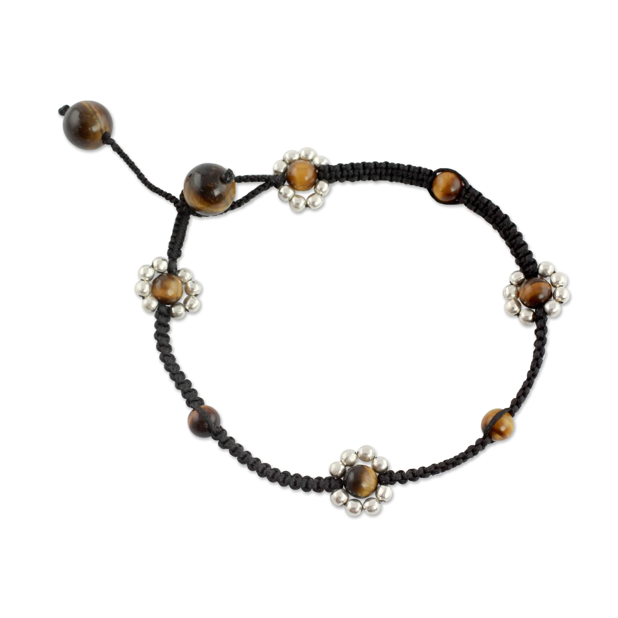 Blossoming Quartet Tiger's Eye Silver Beaded Anklet - Image 2