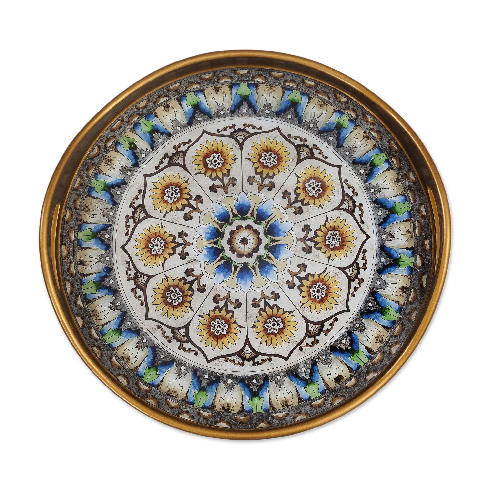 Blue Andean Mandala Andean Sunflower Theme Reverse-Painted Glass Tray - Image 4