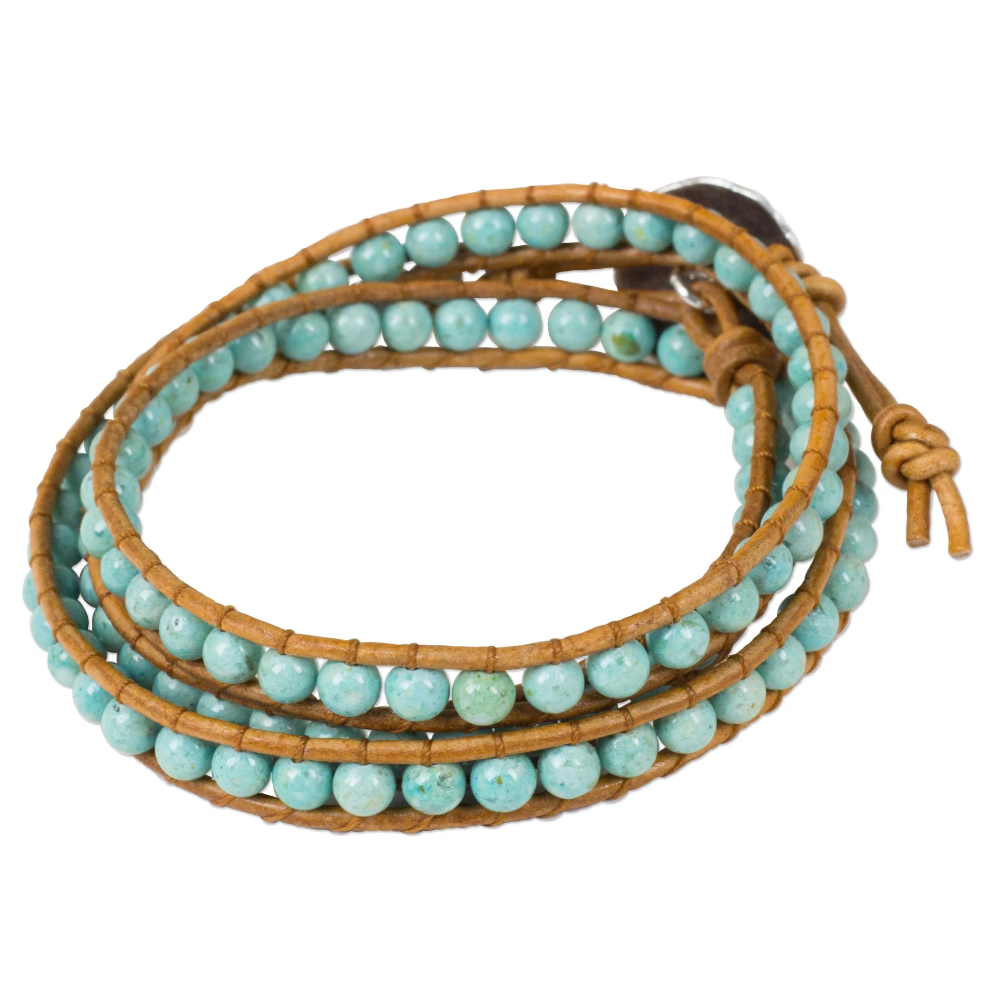 Blue Caramel Serpentine and Leather Wrap Bracelet from Thailand - Image 2