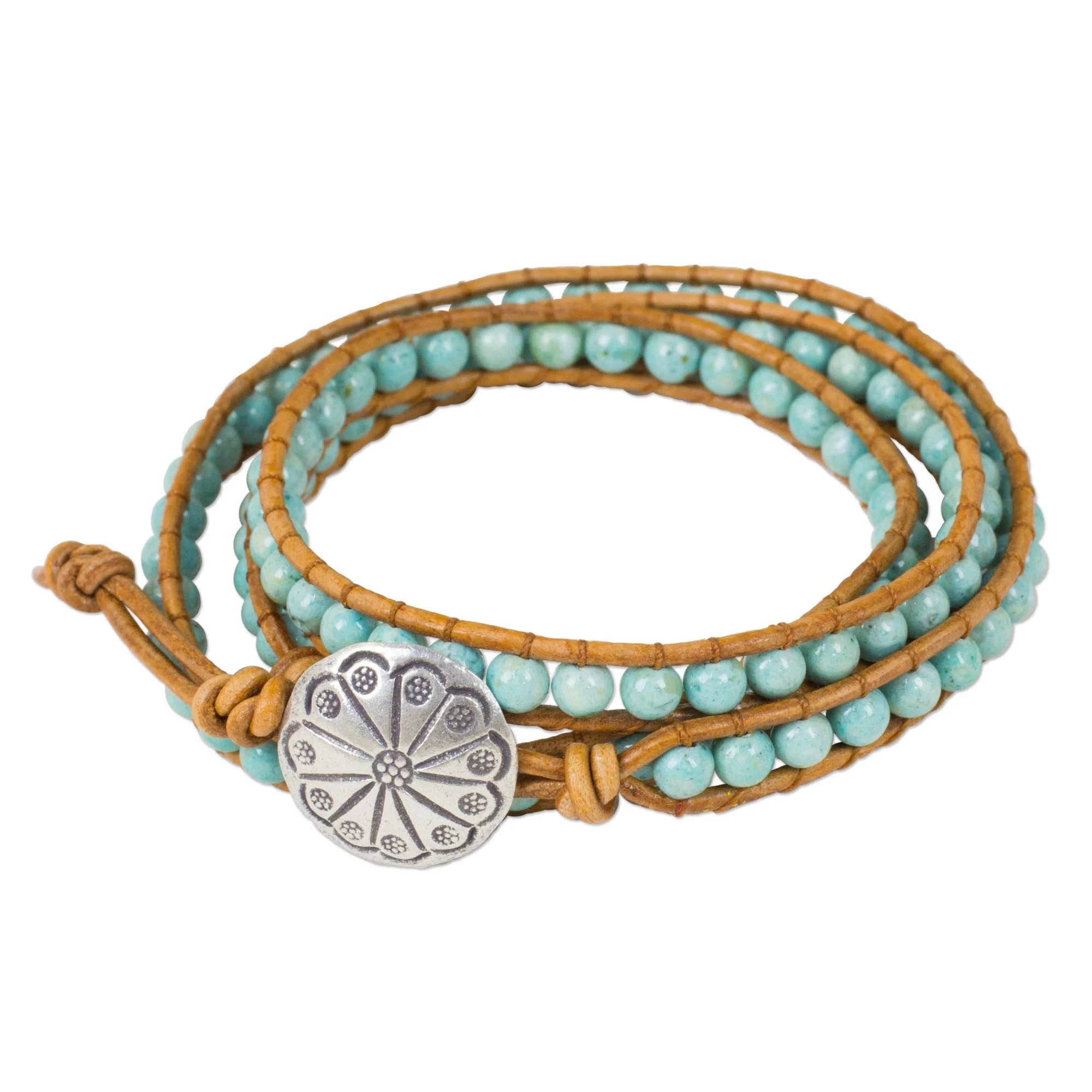 Blue Caramel Serpentine and Leather Wrap Bracelet from Thailand - Image 4
