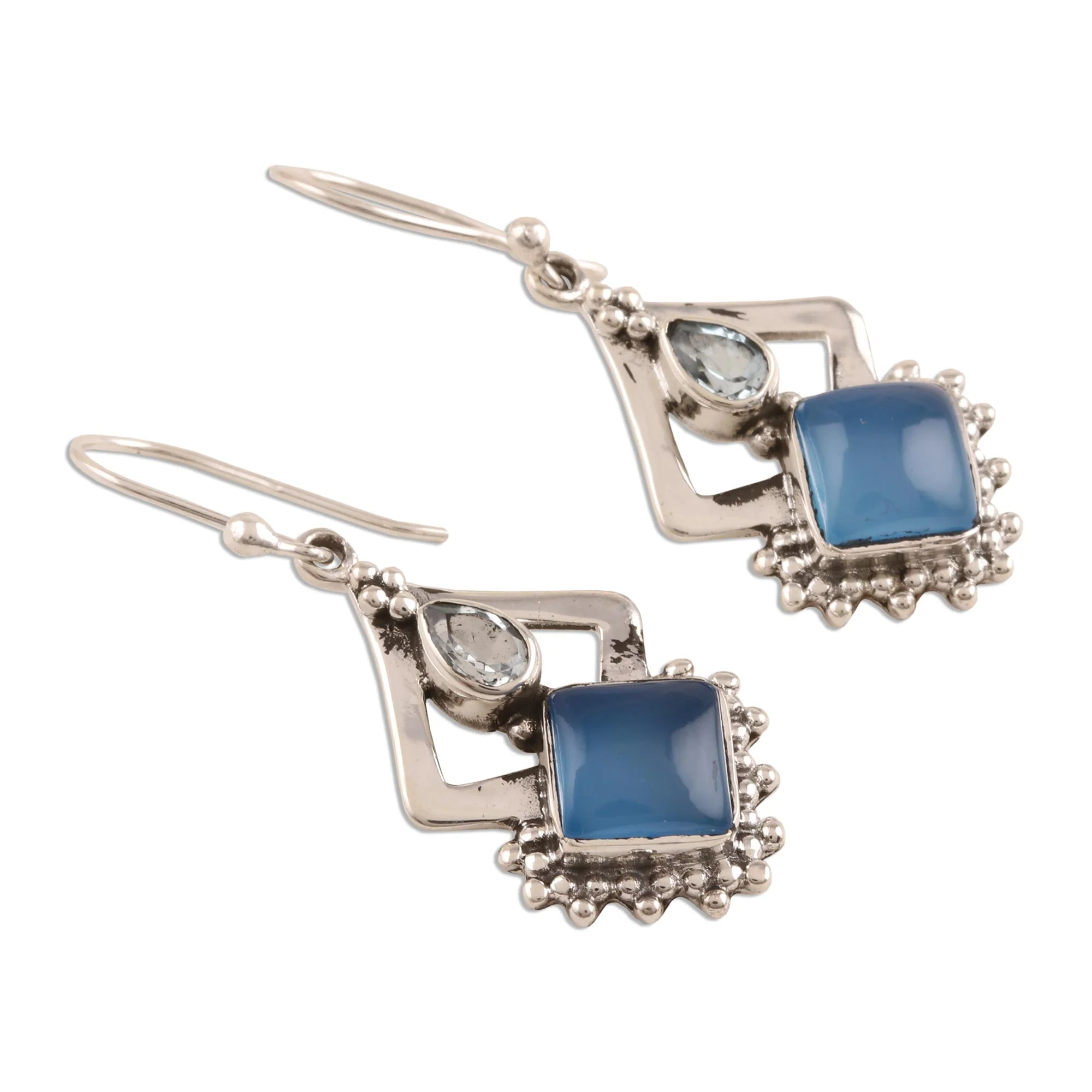 Blue Creativity Chalcedony and Blue Topaz Dangle Earrings from India - Image 4