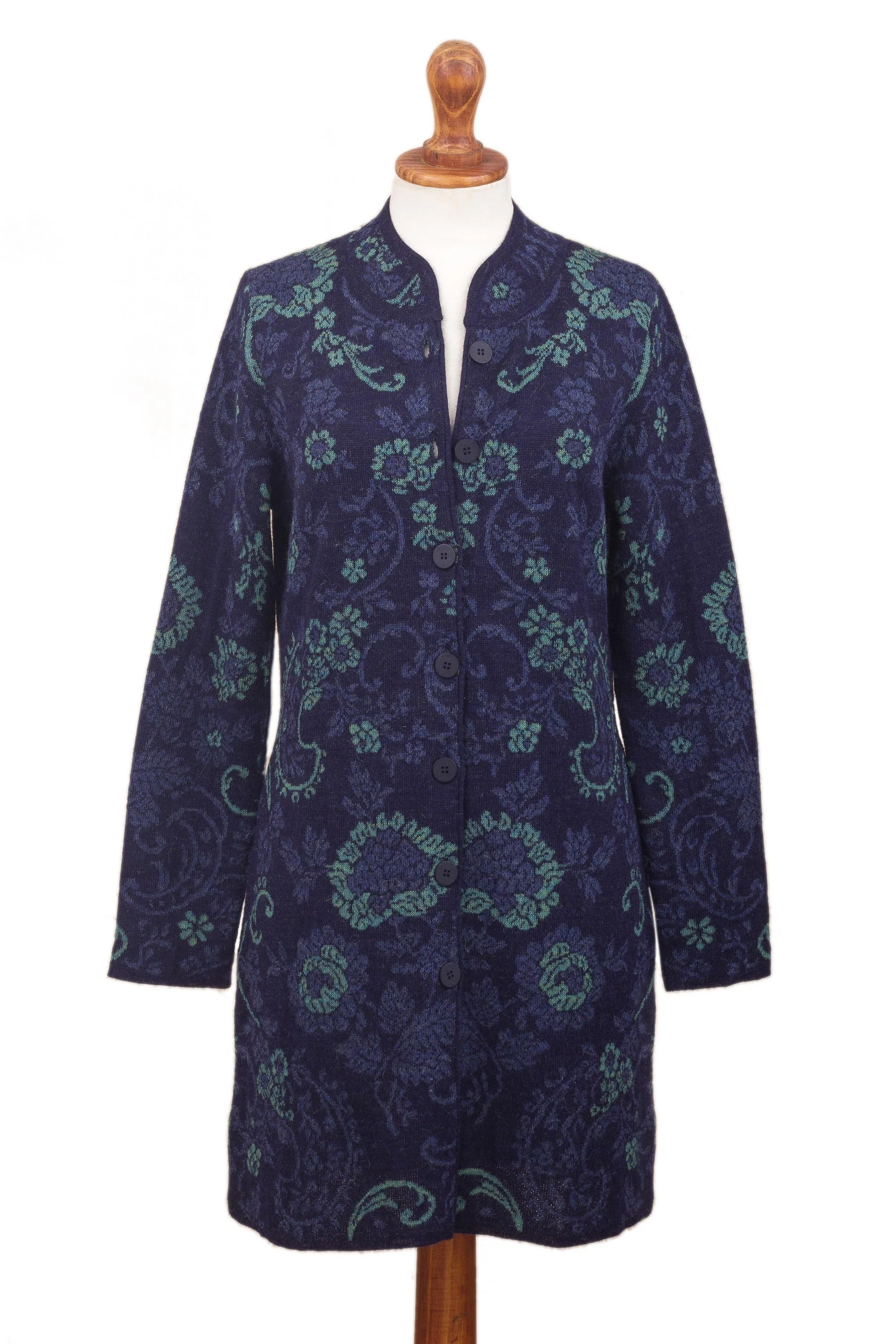 Blue Dream Garden Blue Floral Jacquard Knit Alpaca Cardigan - Image 2