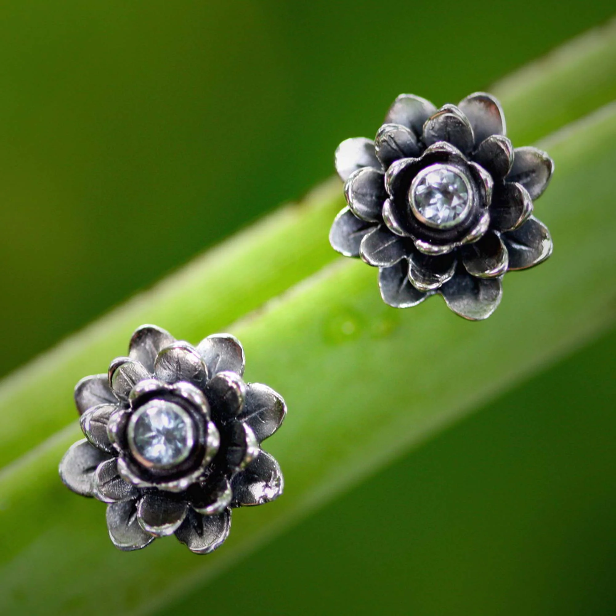 Blue-Eyed Lotus Sterling Silver and Blue Topaz Button Earrings - Image 3