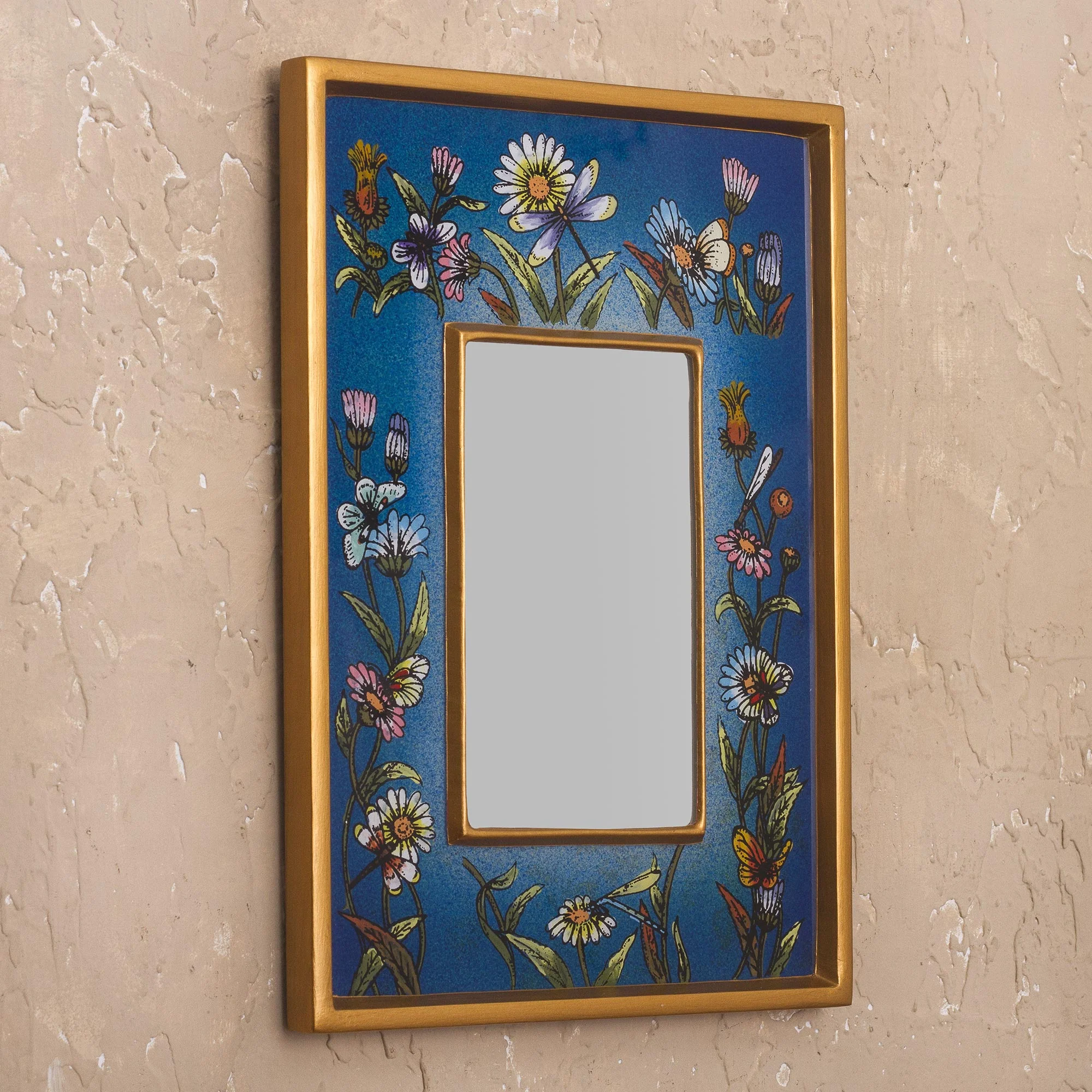 Blue Fields Hand Painted Small Glass and Wood Floral Mirror - Image 3