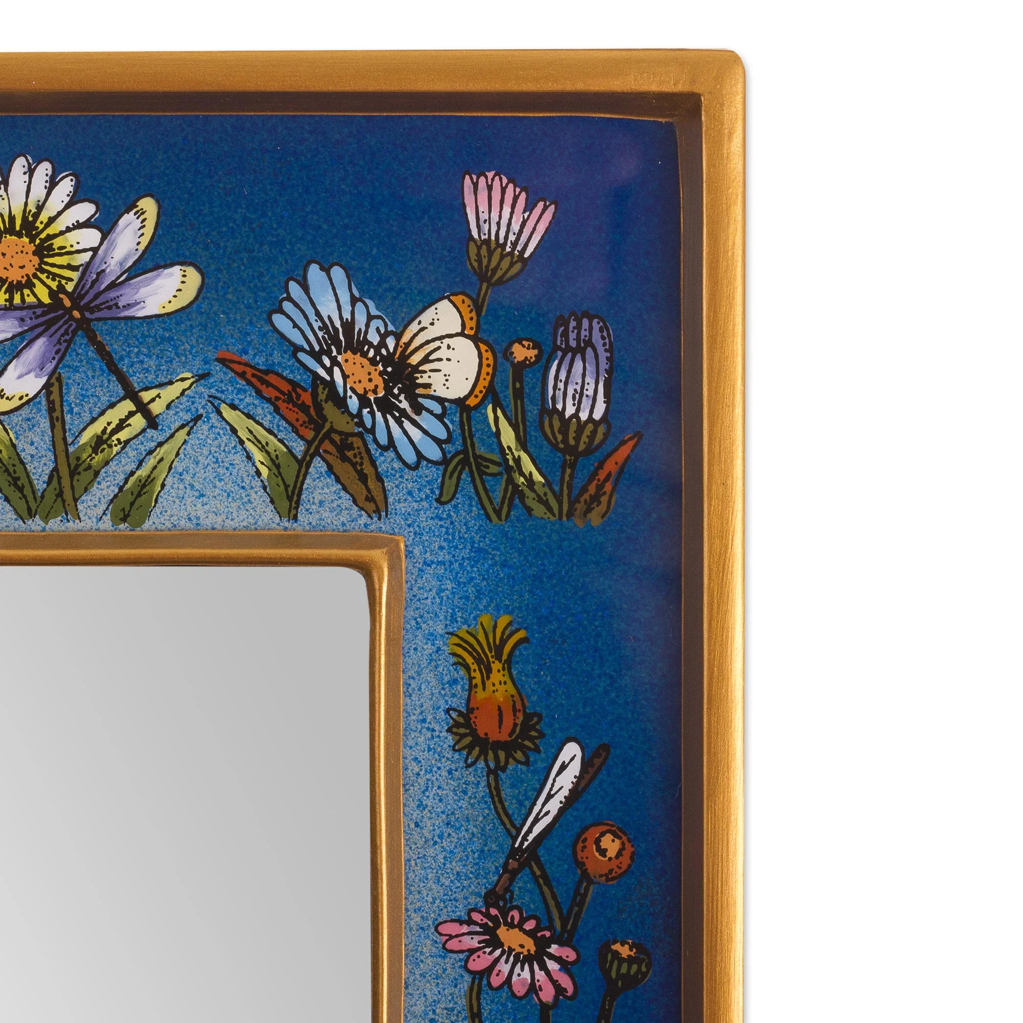 Blue Fields Hand Painted Small Glass and Wood Floral Mirror - Image 4