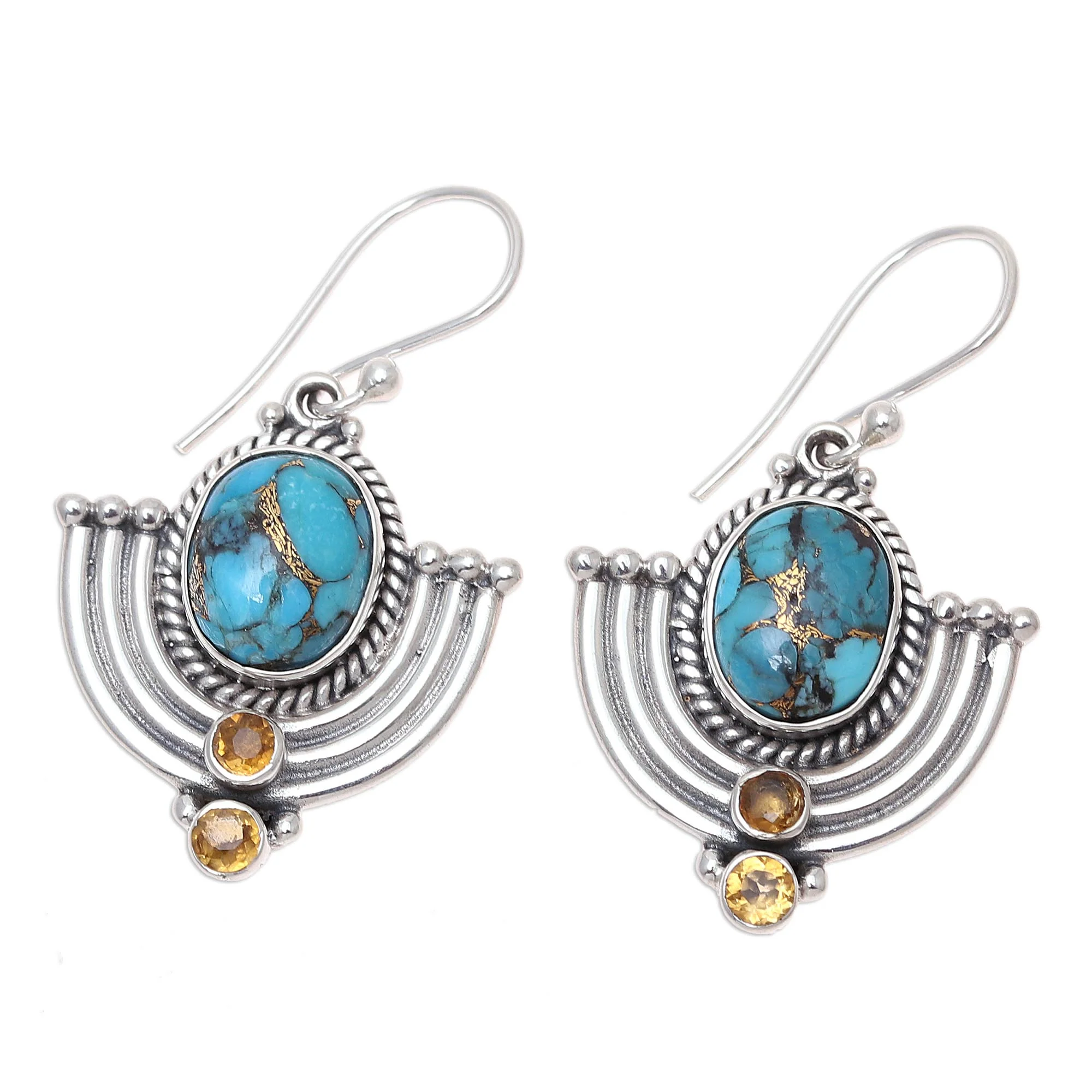 Blue Flame Citrine and Blue Composite Turquoise Dangle Earrings - Image 4