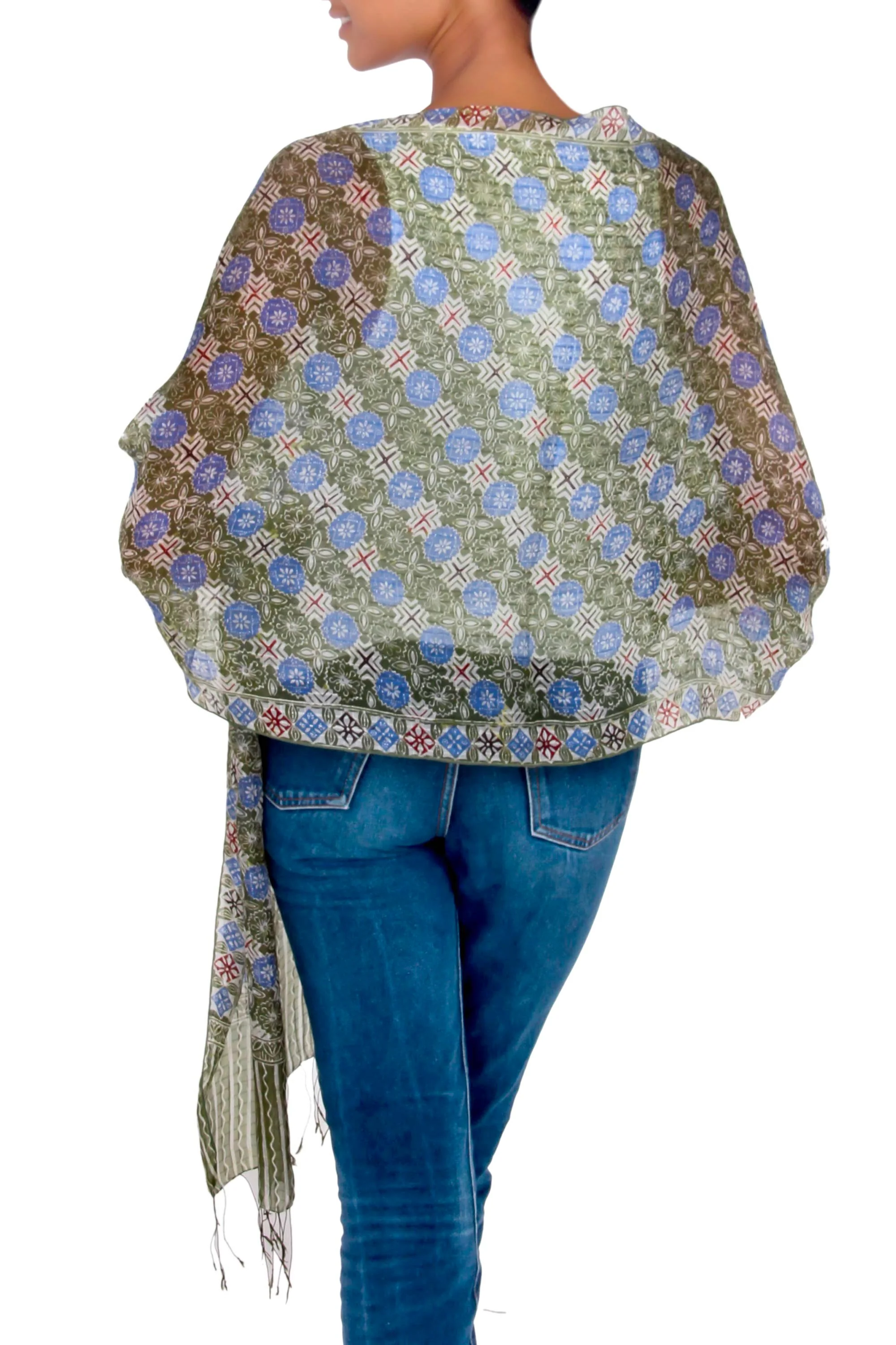 Blue Floral Stars Indonesian Floral Silk Shawl - Image 4