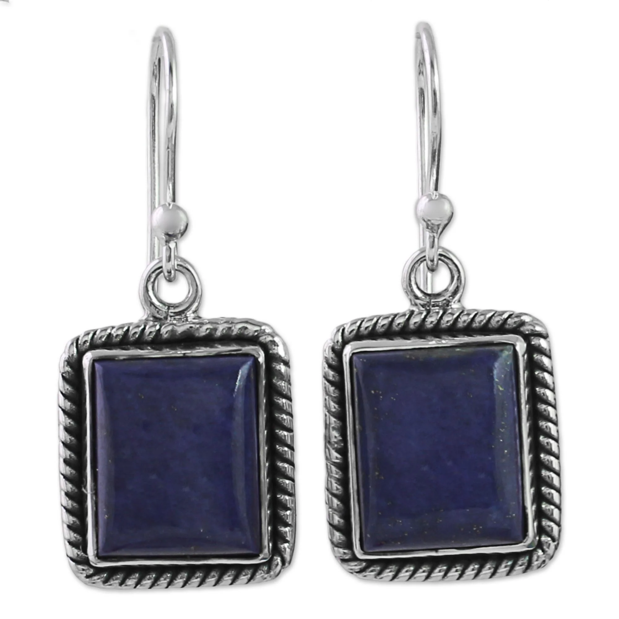 Blue Frame Lapis Lazuli Sterling Silver Rectangle Dangle Earrings - Image 2