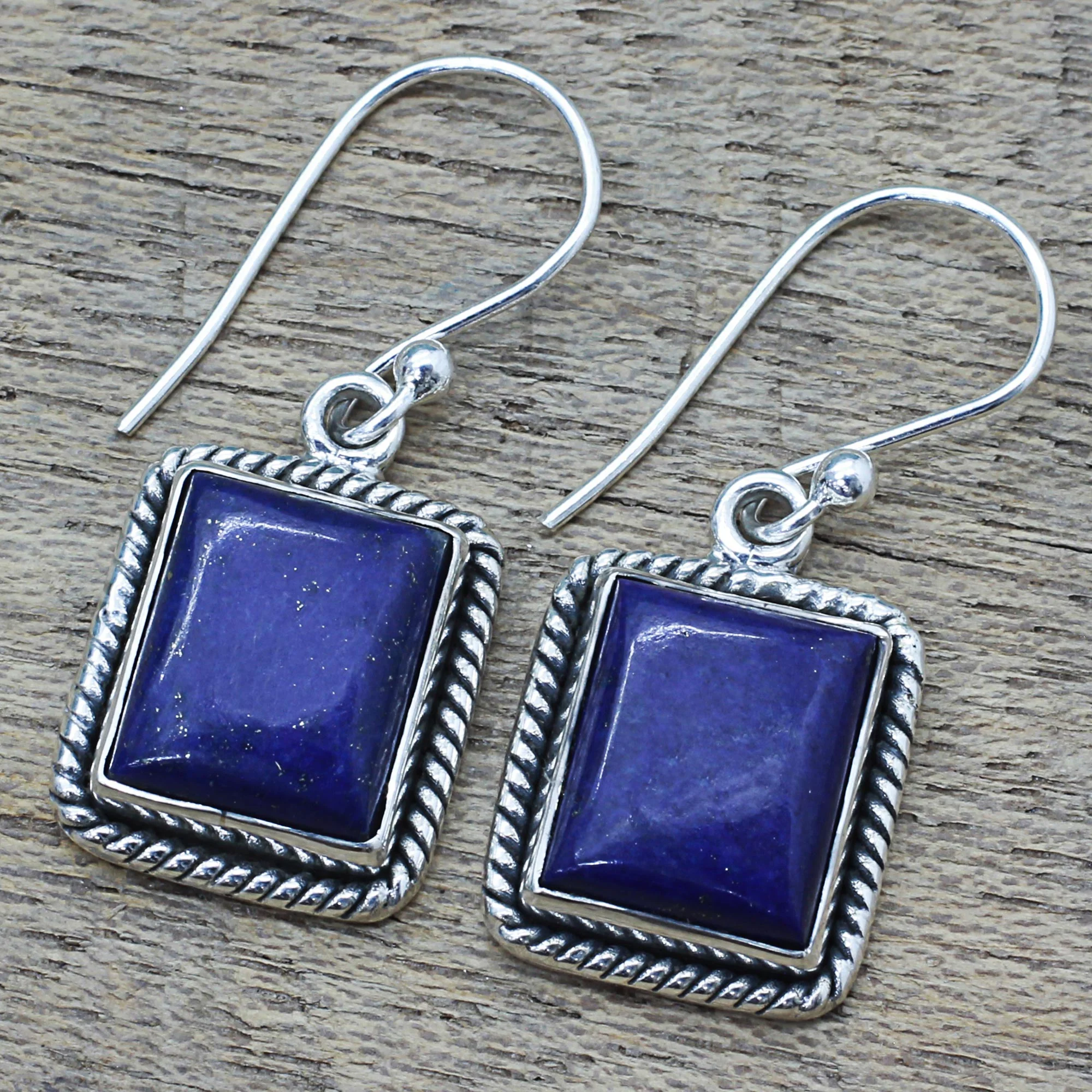 Blue Frame Lapis Lazuli Sterling Silver Rectangle Dangle Earrings - Image 3