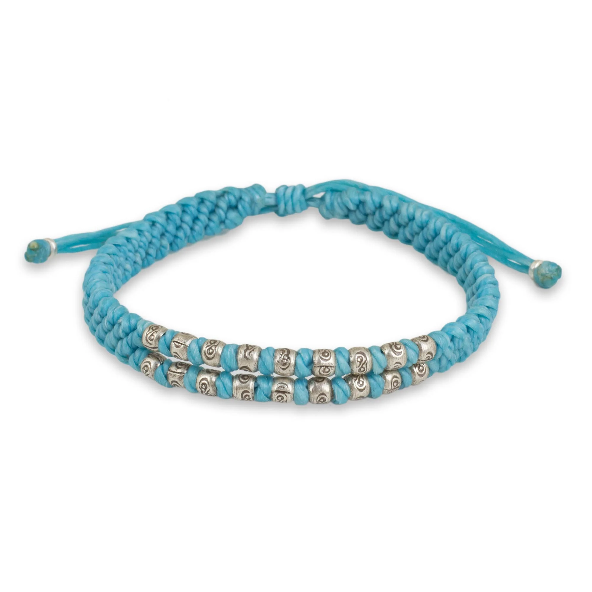 Blue Infinity Twins Thai Hand Knotted Wristband Bracelet with Silver 950 Beads - Image 2
