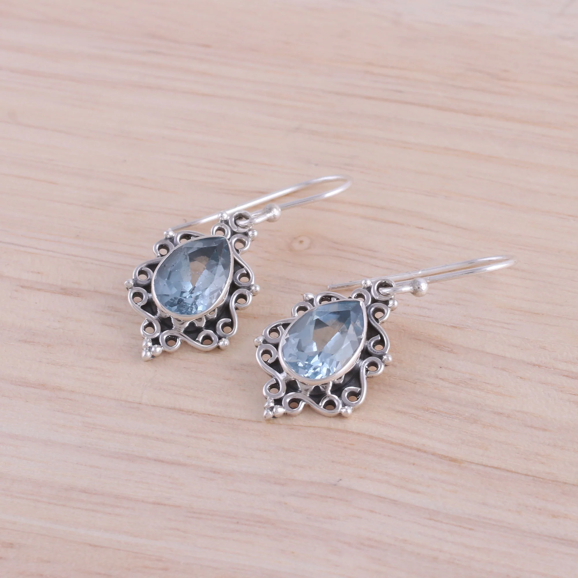 Blue Intricacy Sterling Silver and Blue Topaz Dangle Earrings from India - Image 3