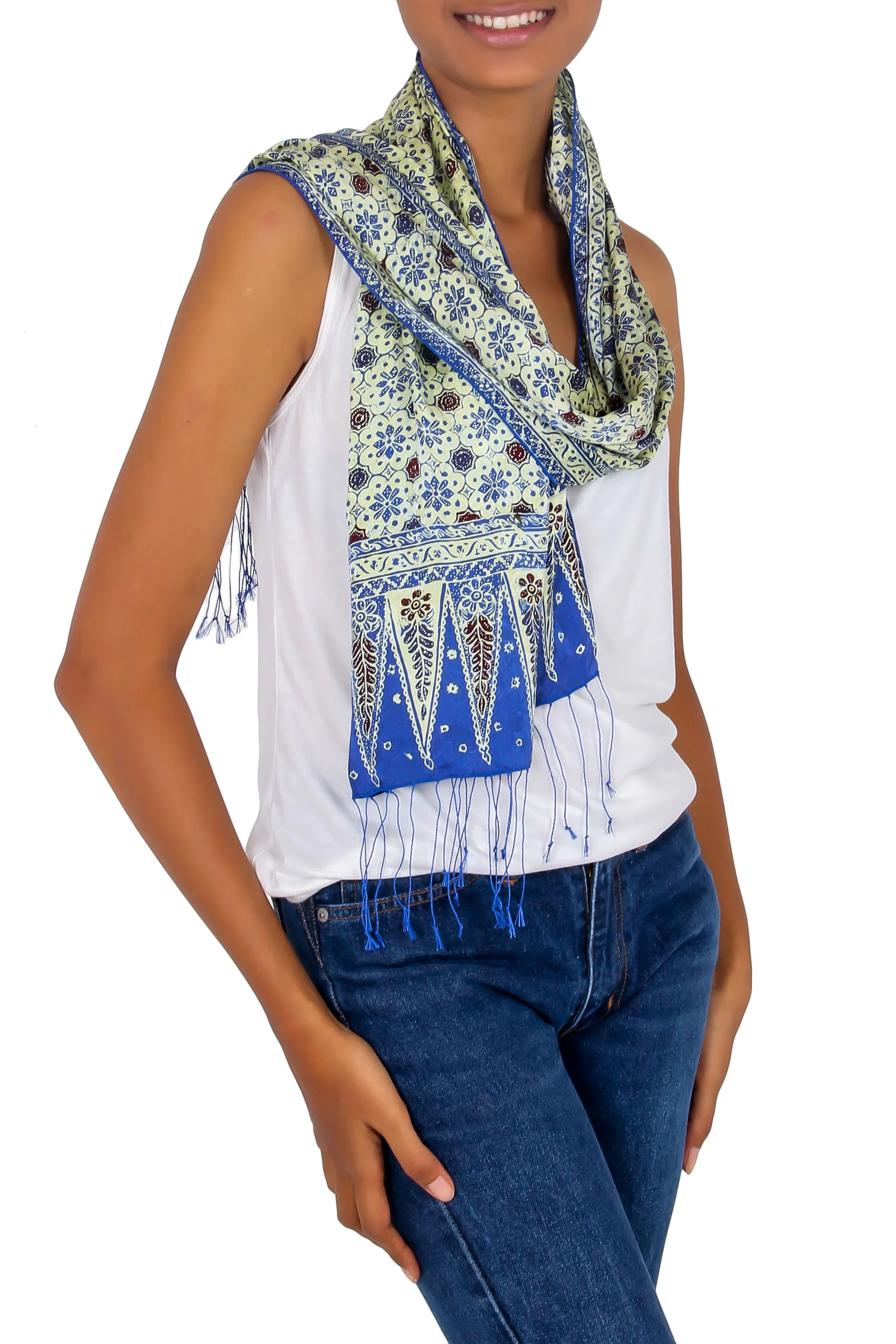 Blue Jasmine Silk Hand Stamped Batik Scarf - Image 2