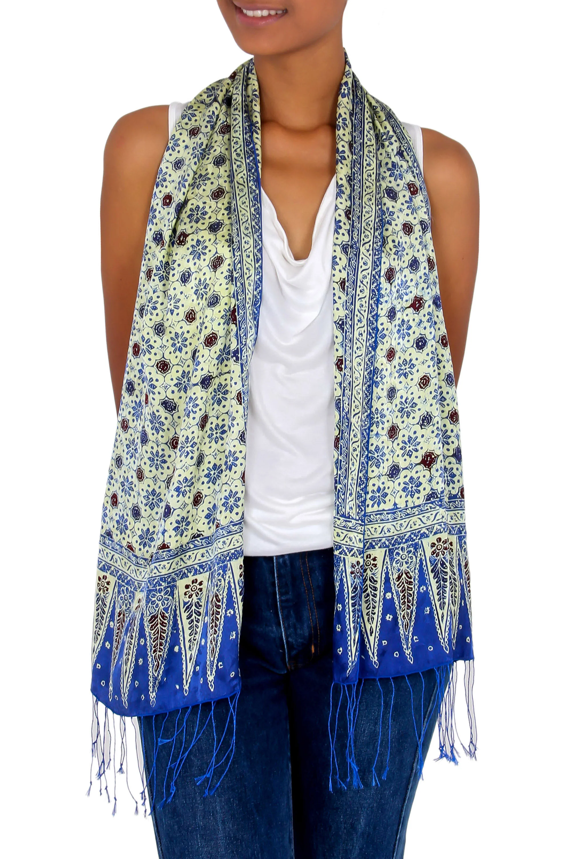Blue Jasmine Silk Hand Stamped Batik Scarf - Image 3