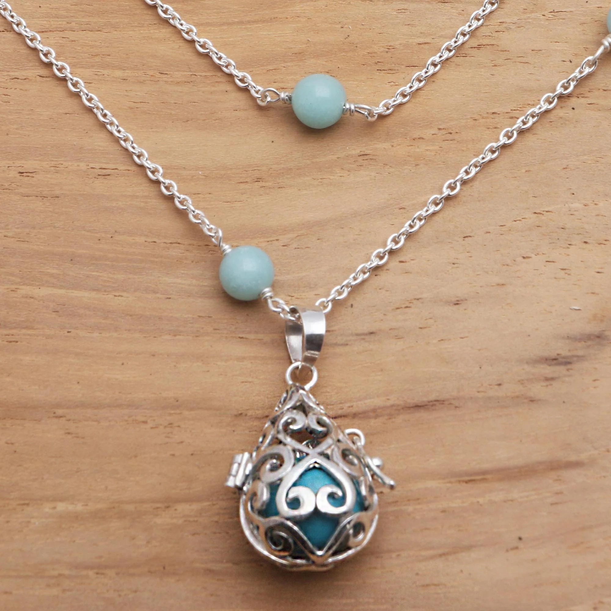 Blue Lace Angel Chime Silver Amazonite and Blue Enamel Harmony Ball Necklace - Image 3