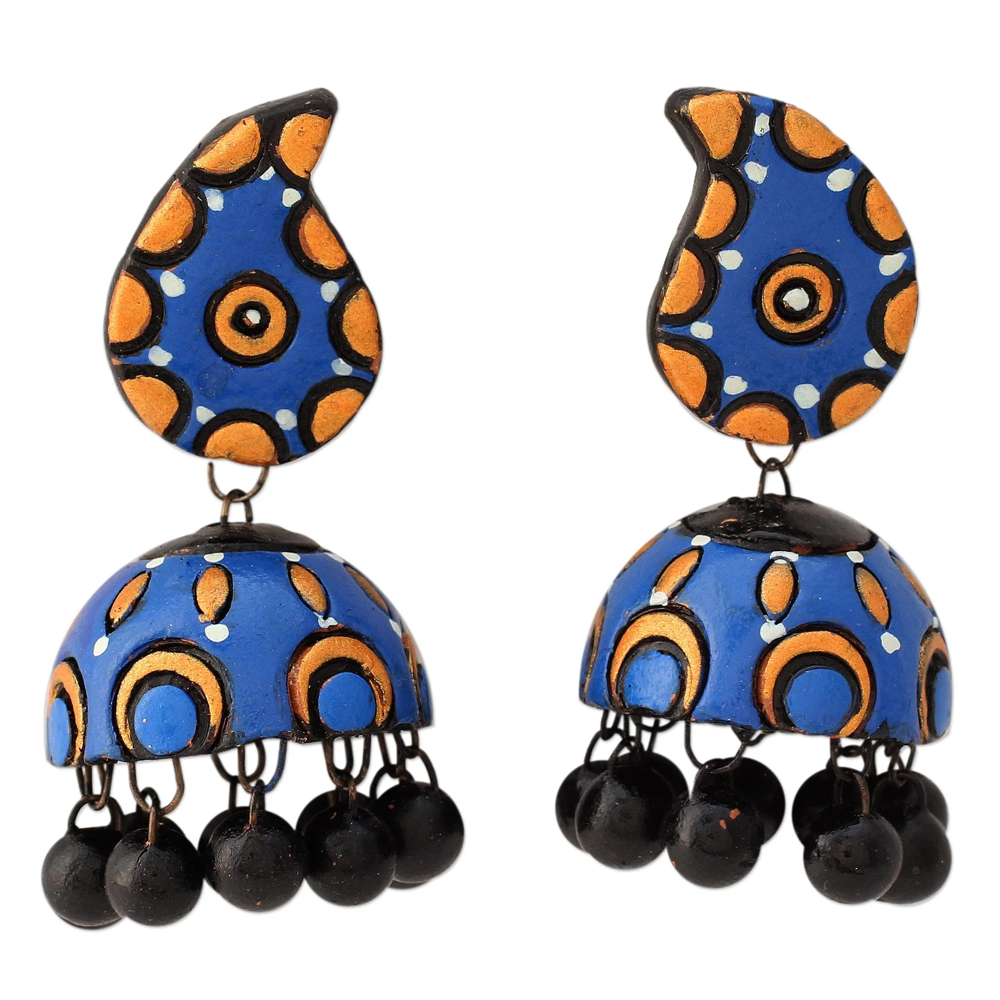Blue Paisley Handmade Ceramic Dangle Earrings in Blue and Orange - Image 2