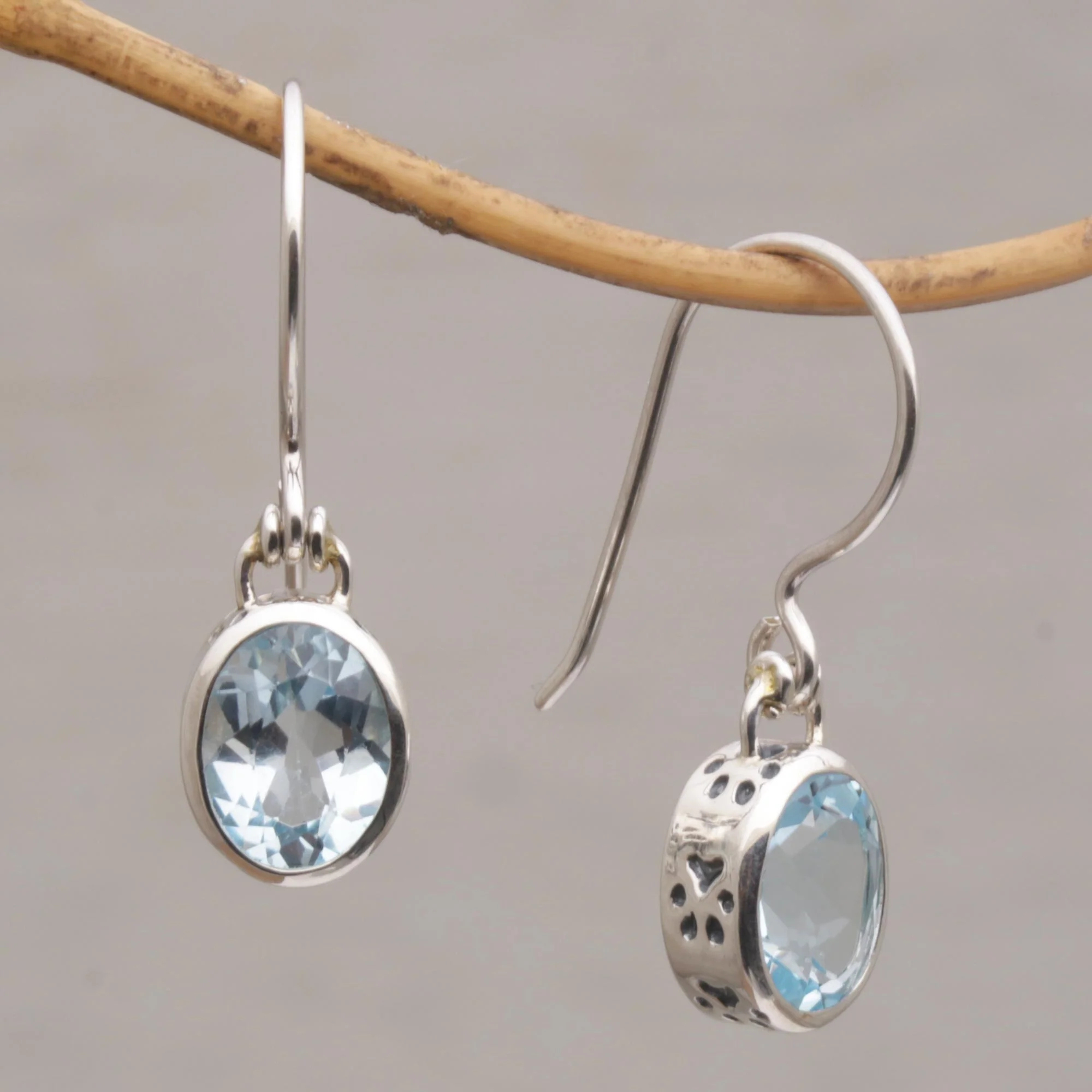 Blue Paws Blue Topaz and Sterling Silver Paw Print Dangle Earrings - Image 3