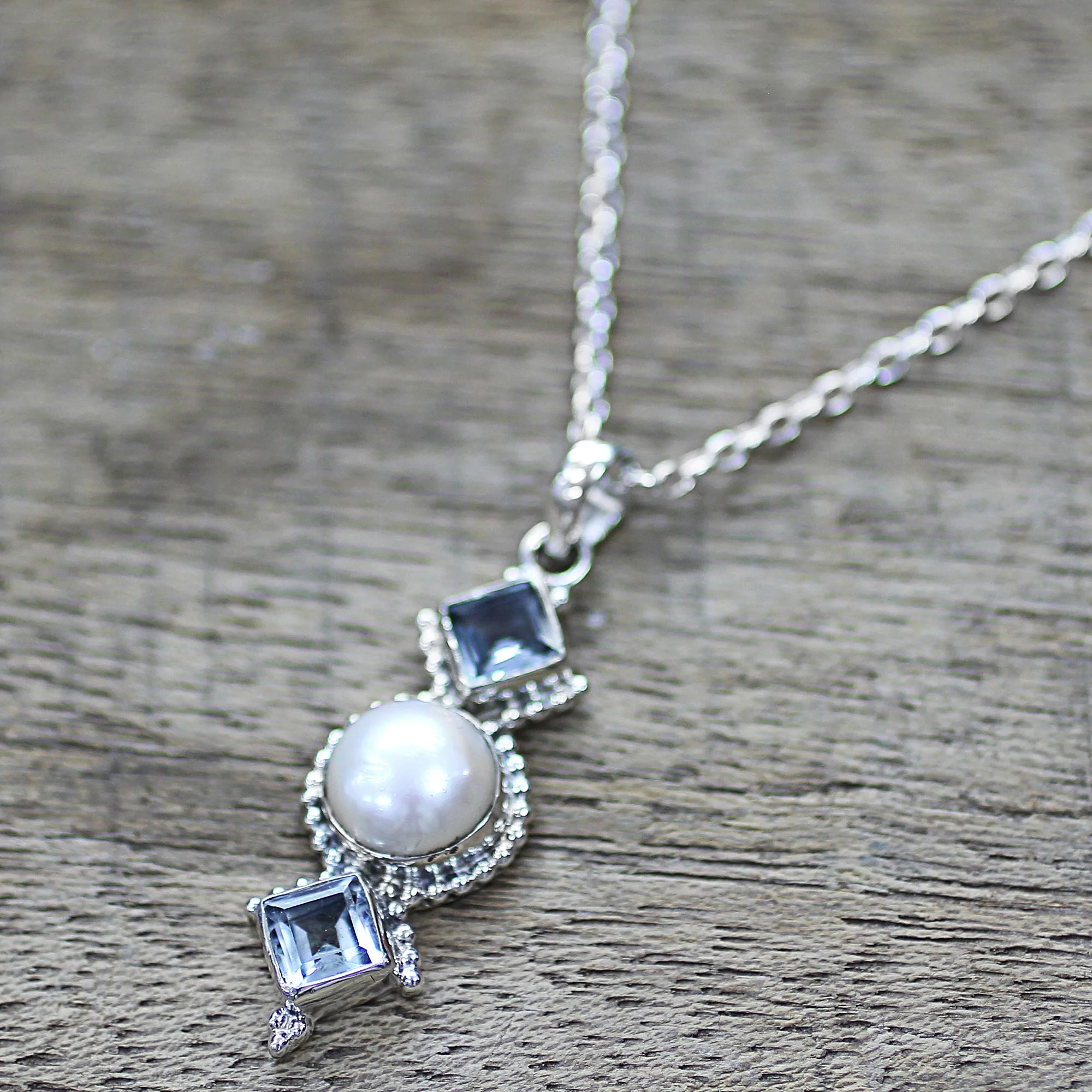 Blue Rays Cultured Pearl Blue Topaz Pendant Necklace from India - Image 3