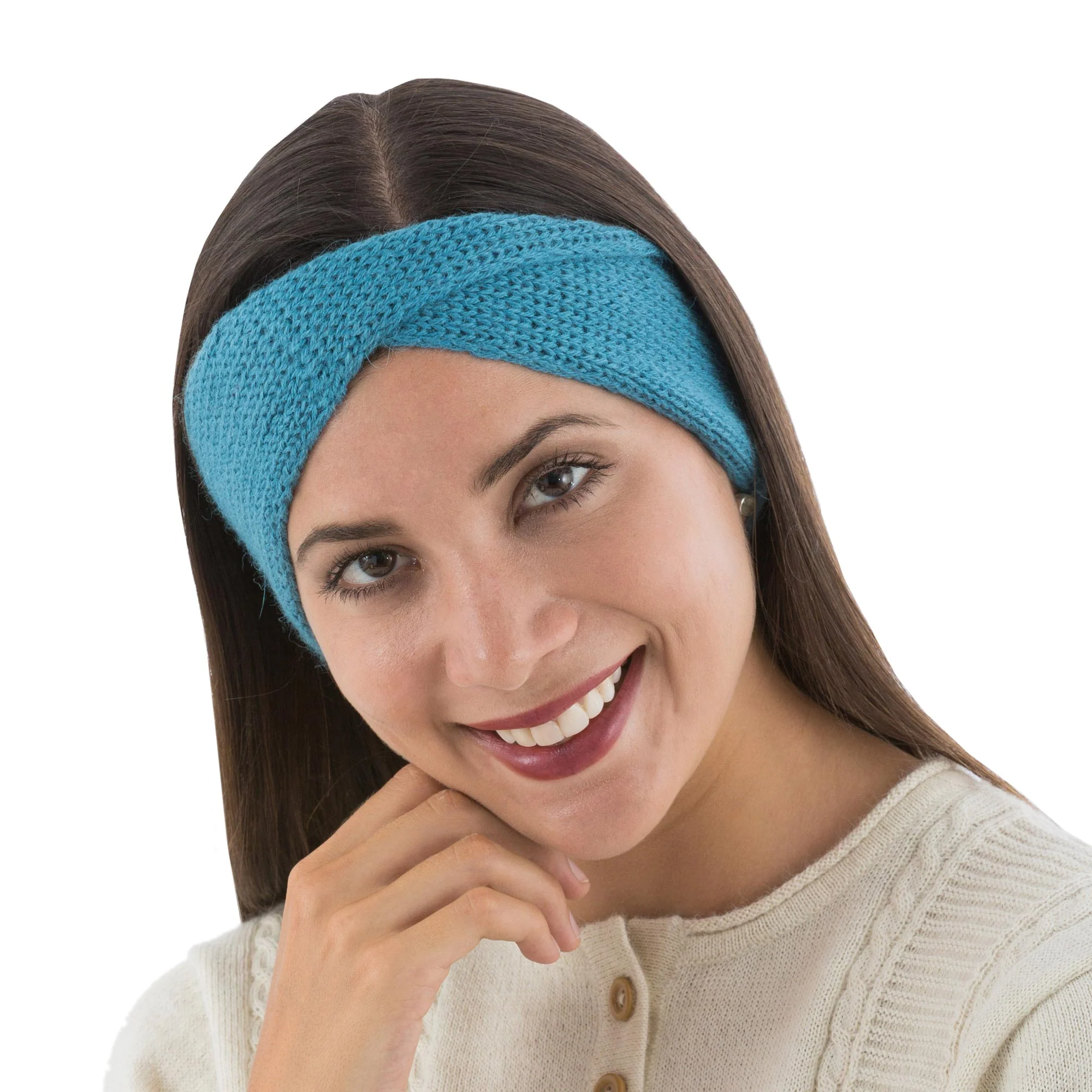 Blue Twist Blue 100% Alpaca Ear Warmer Knitted in Peru - Image 2