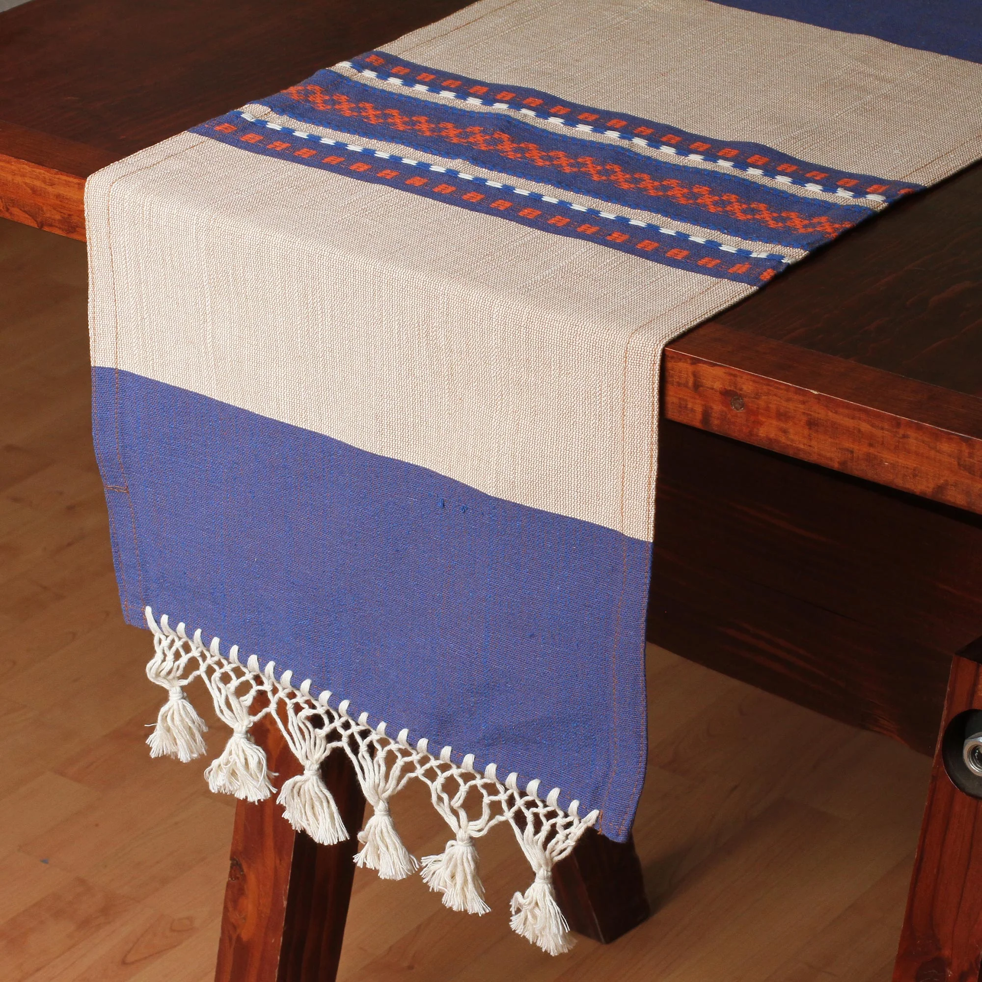 Blue-Violet Beach Cotton and Silk Blend Table Runner Blue-Violet and Beige
