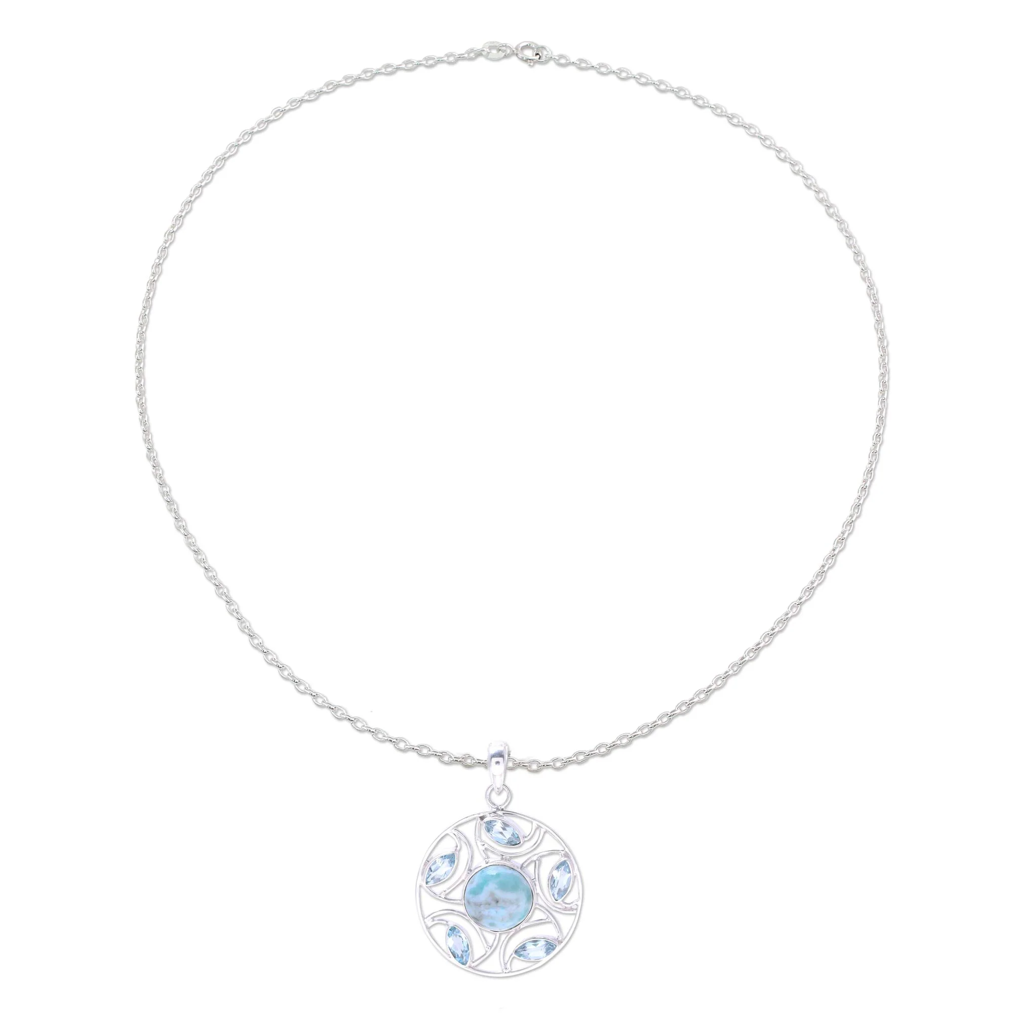 Blue Wheel Sterling Silver Larimar Blue Topaz Round Pendant Necklace - Image 2