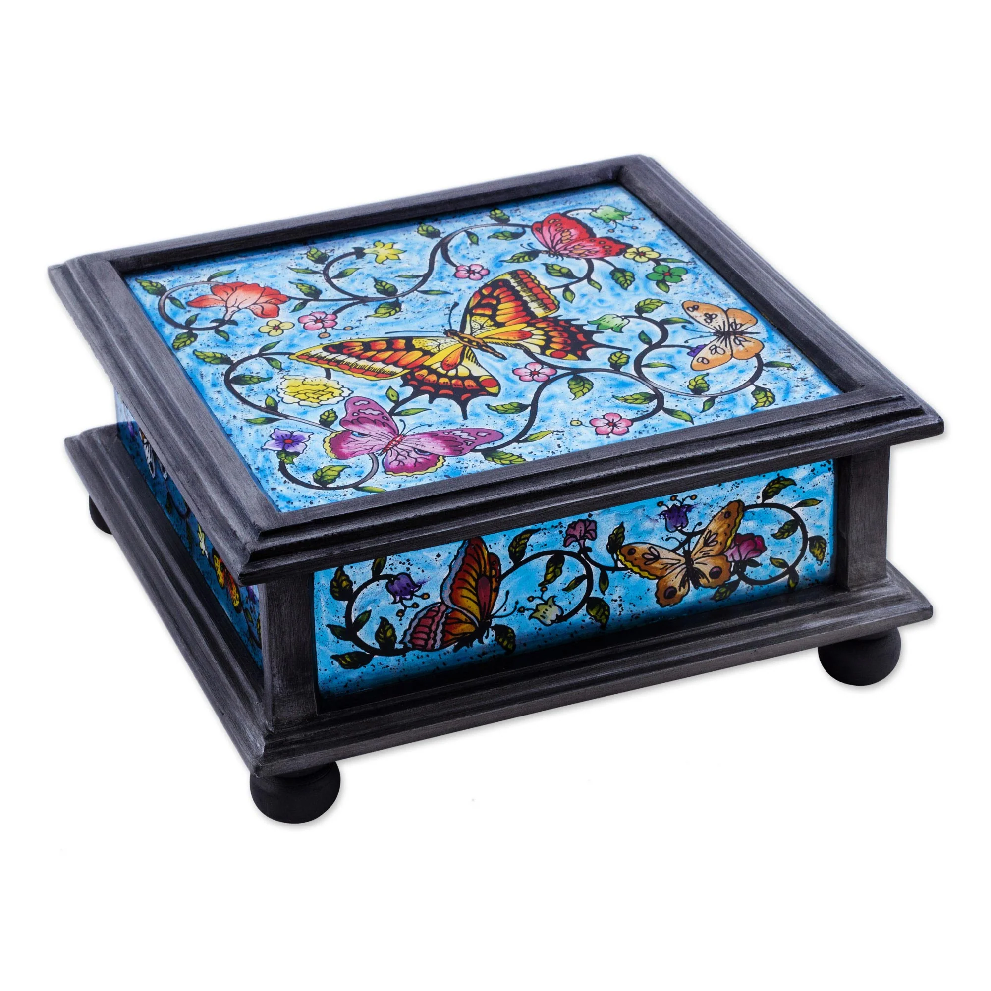 Blue Winter Butterflies Reverse Painted Glass Blue Decorative Box with Butterflies - Image 2