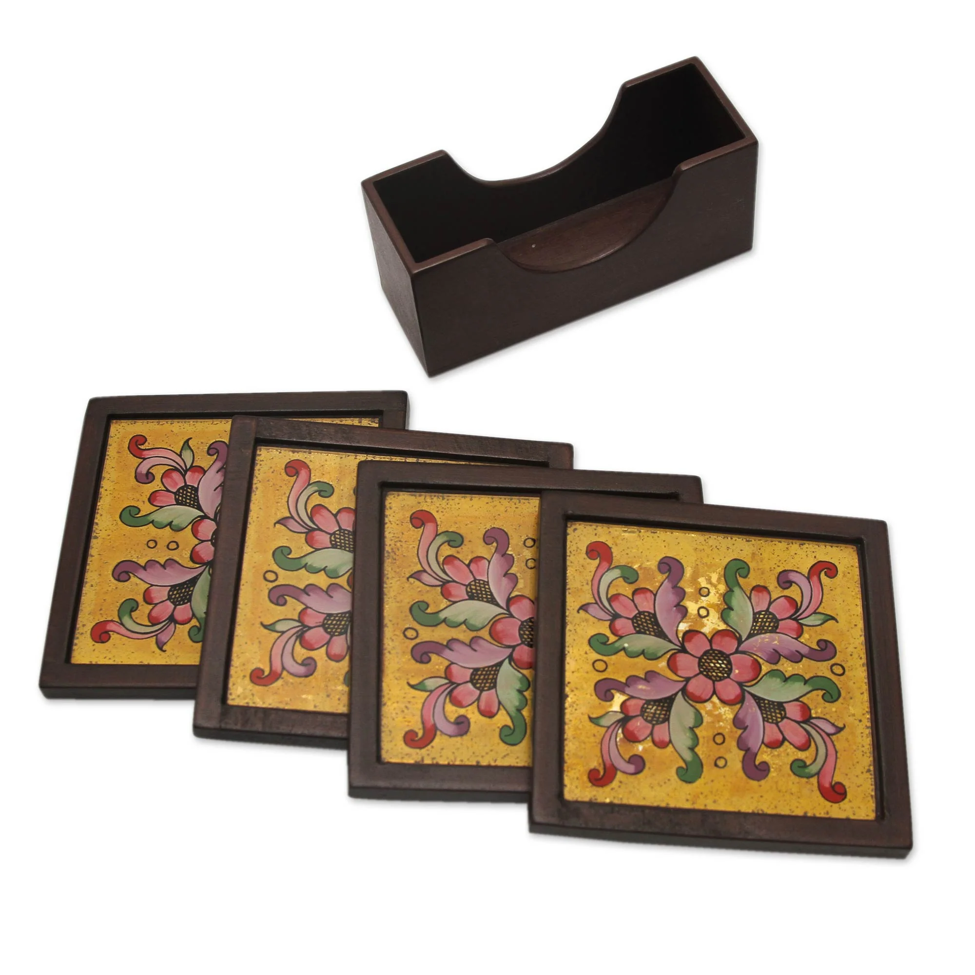 Blushing Blooms Four Hand Painted Glass Coasters and Holder - Image 2