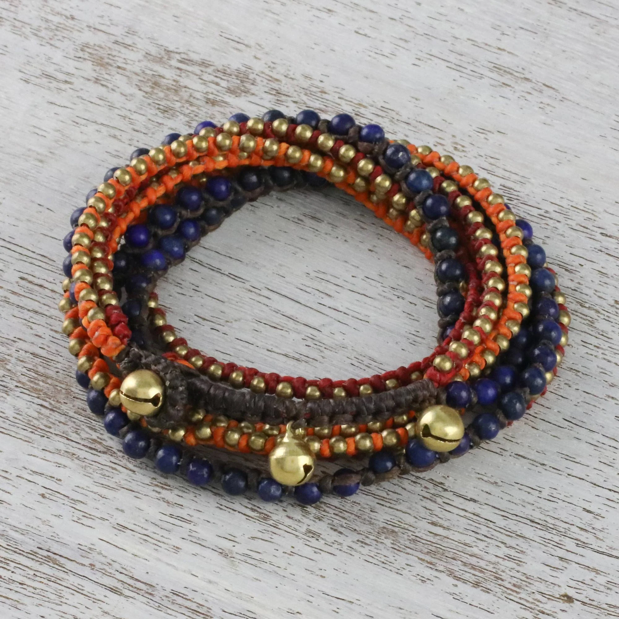 Bohemian Bells Boho Lapis Lazuli Beaded Wrap Bracelet from Thailand - Image 3