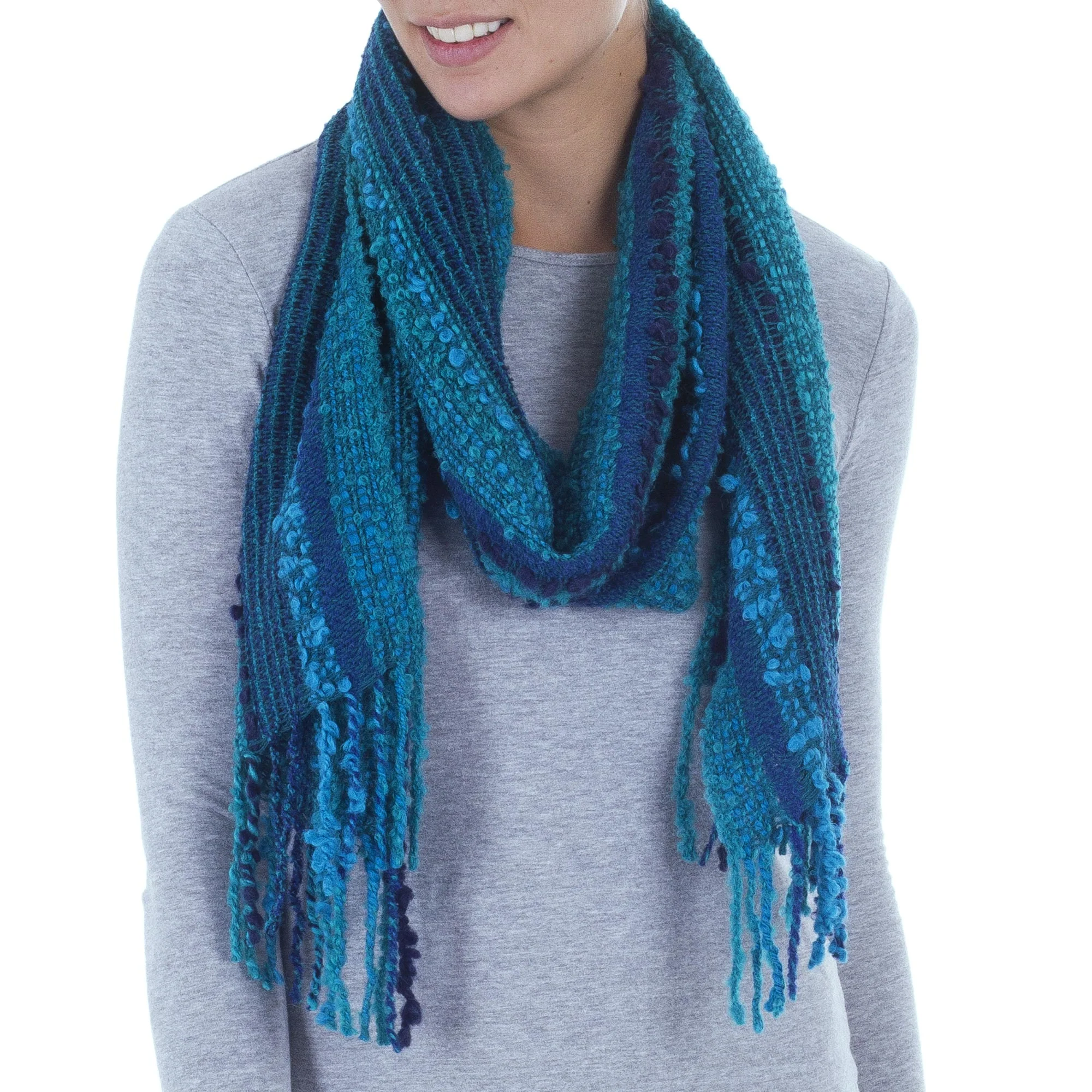 Bohemian Caribbean Blue Baby Alpaca Blend Hand Woven Striped Blue Scarf from Peru - Image 2