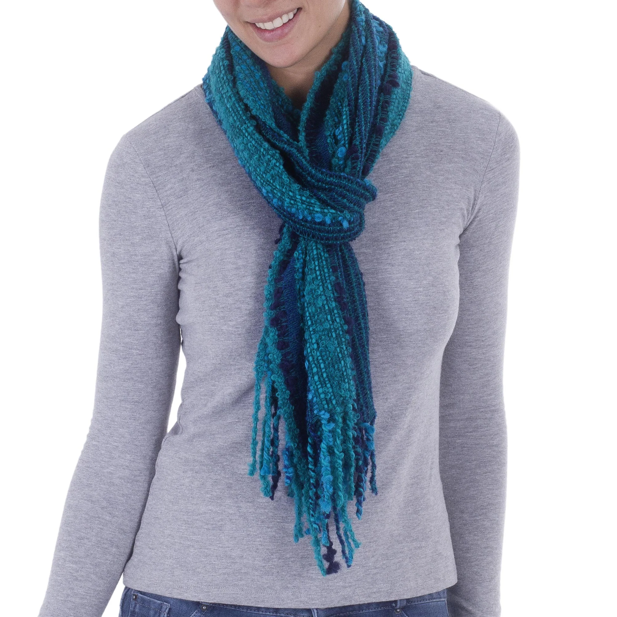 Bohemian Caribbean Blue Baby Alpaca Blend Hand Woven Striped Blue Scarf from Peru - Image 3