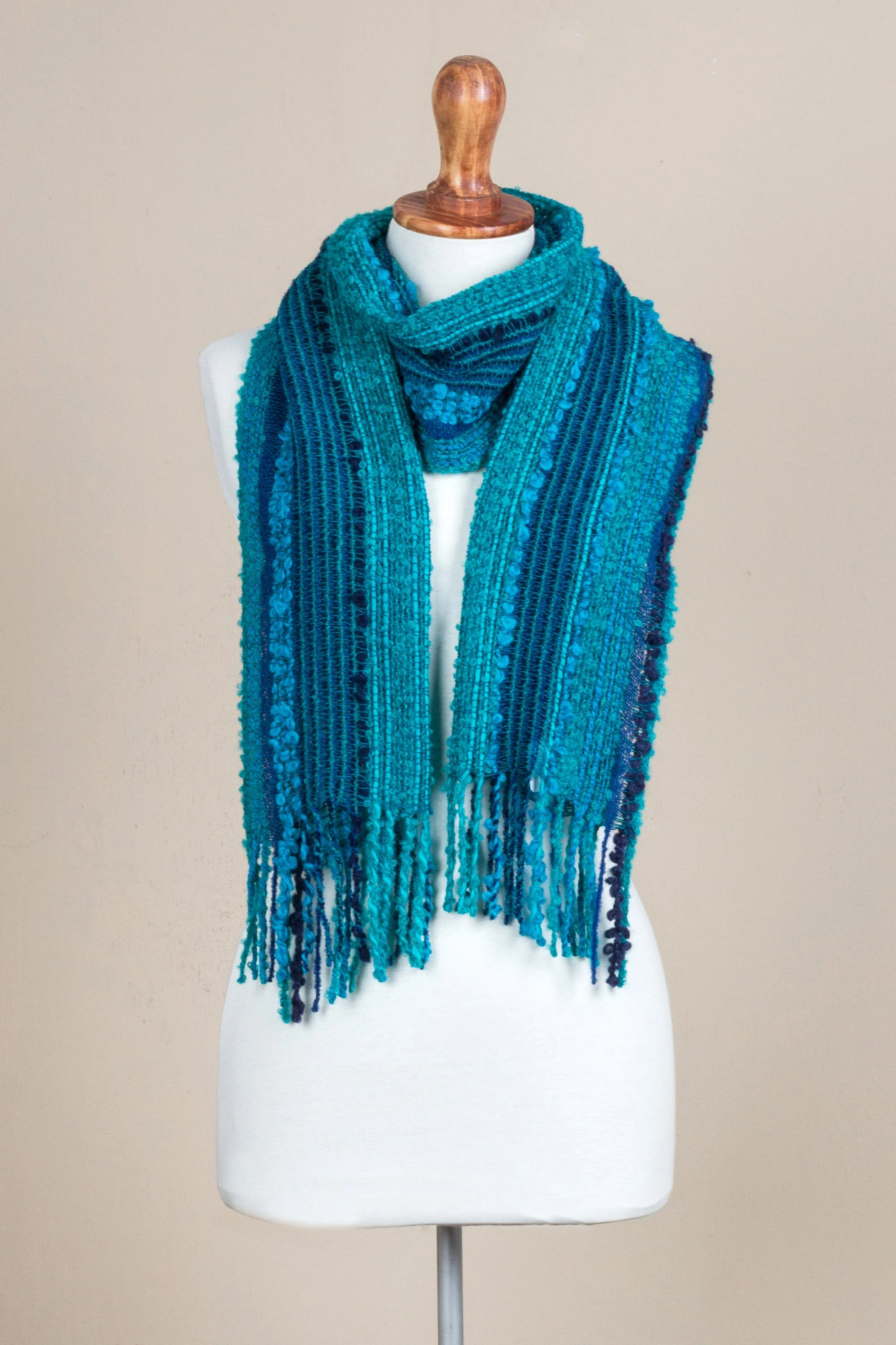 Bohemian Caribbean Blue Baby Alpaca Blend Hand Woven Striped Blue Scarf from Peru - Image 5